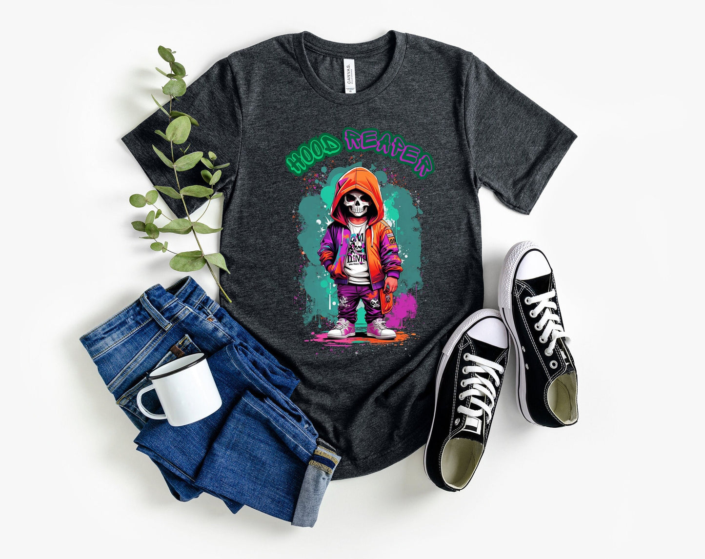 Hood Reaper Skeleton T shirt by Scorpion Tees and More.  Cute colorful skeleton t shirt.  Skeleton with hoodie wearing hip hop style clothing.  T shirt would go great with any outfit.  Beautiful design and stylish as well as very comfortable.
