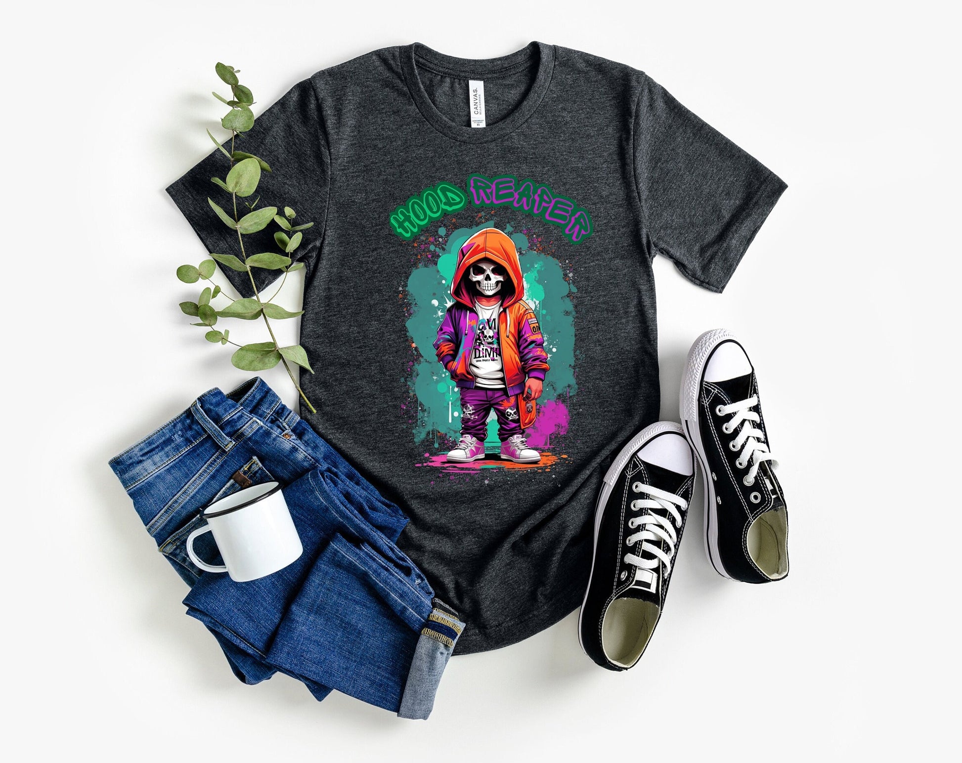 Hood Reaper Skeleton T shirt by Scorpion Tees and More.  Cute colorful skeleton t shirt.  Skeleton with hoodie wearing hip hop style clothing.  T shirt would go great with any outfit.  Beautiful design and stylish as well as very comfortable.