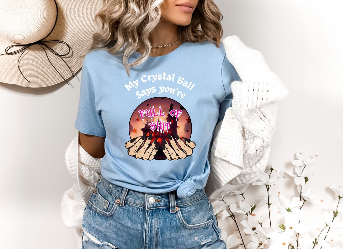 Hilarious crystal ball T shirt sure to get laughs and smiles. Funny Design of My crystal ball says you're full of Shit. Great gift for psychics, mystic, gypsies or anyone with a sense of humor. Get yours Today at www.scorpiontees.etsy.com
