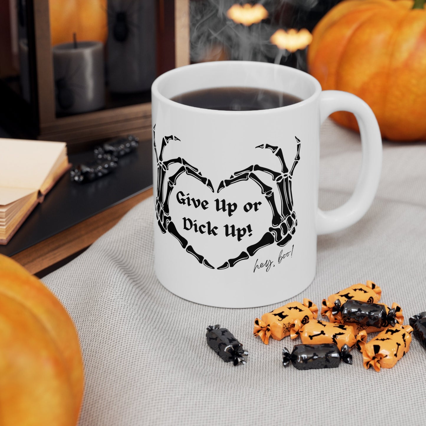 Give up or Dick up Skeleton hands Mug, Funny Halloween Inspirational Mug, Funny sayings Sarcastic and Witty Skeleton Mug, Gift Mug for him