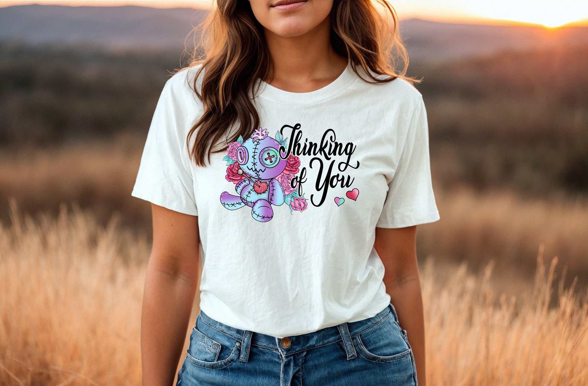 Thinking of you Voodoo doll T shirt. Scorned lover or sarcastic thoughts as voodoo doll is being stuck with pins in his heart. Hilariously cute design on a comfortable T shirt.  Perfect gift for Halloween or just for fun.
www.scorpiontees.etsy.com