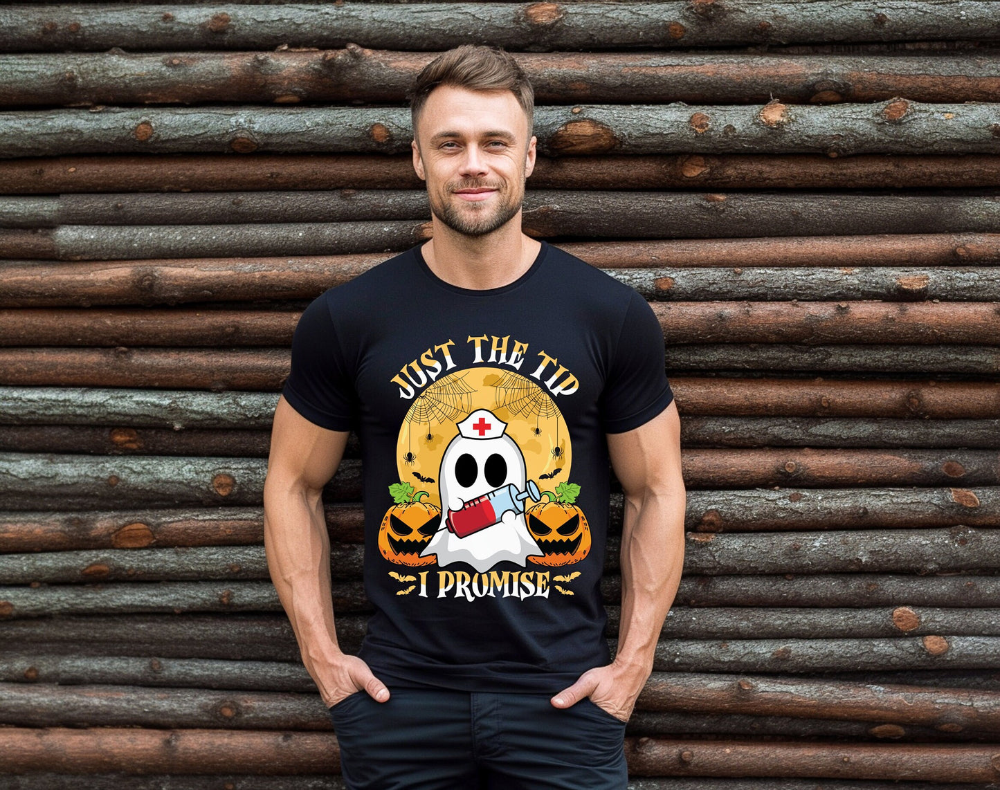 Just the Tip I promise Halloween Nursing Ghost T shirt.  This stylish Tee has a cool design of a Ghost with a nurse hat holding a syringe next to pumpkins spiders and bats. Makes a perfect gift for Halloween and for nurses.
www.scorpiontees.etsy.com