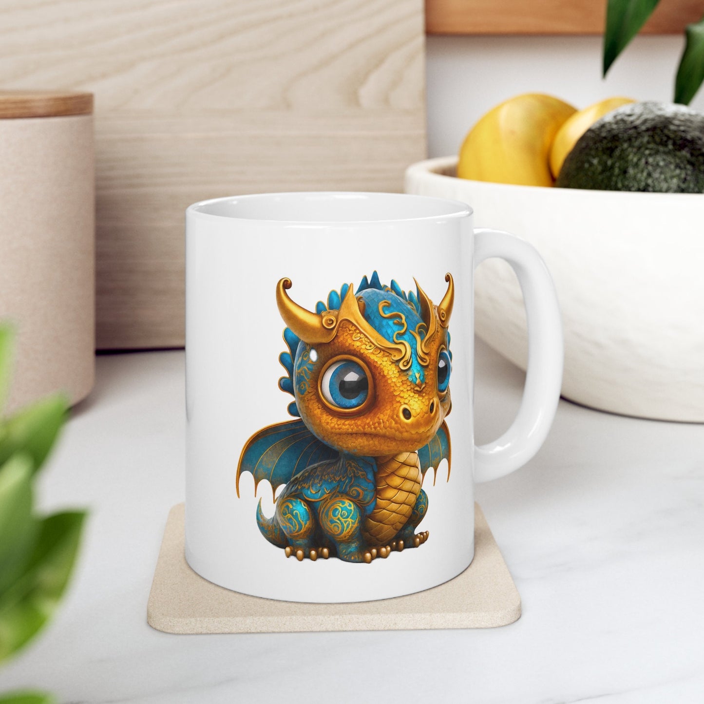 Golden Blue Adorable Baby Dragon Coffee Mug, Heart of a Dragon Mug, White Ceramic Mug for Dragon Lovers, Gift Mug for your Dragon Spirit