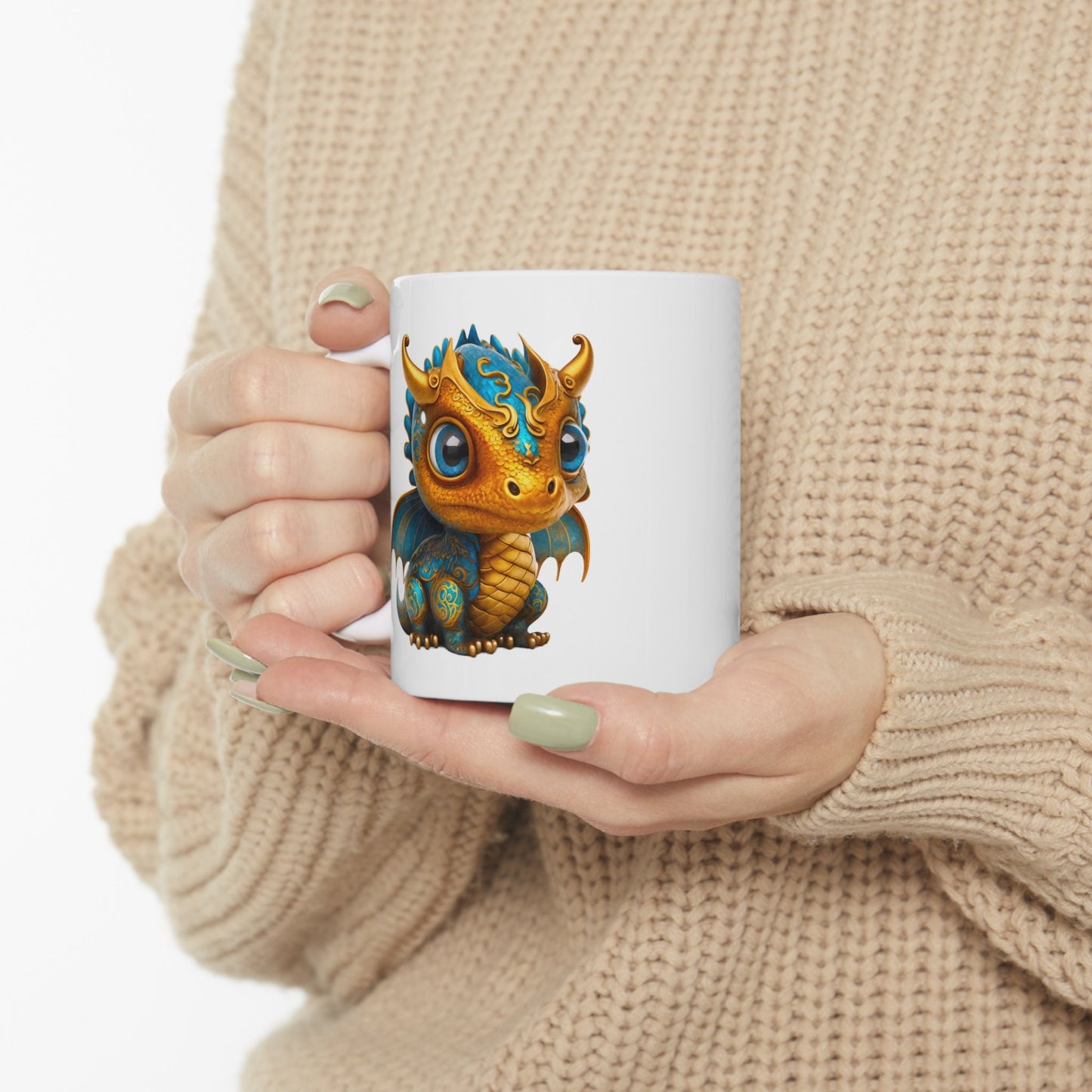 Golden Blue Adorable Baby Dragon Coffee Mug, Heart of a Dragon Mug, White Ceramic Mug for Dragon Lovers, Gift Mug for your Dragon Spirit