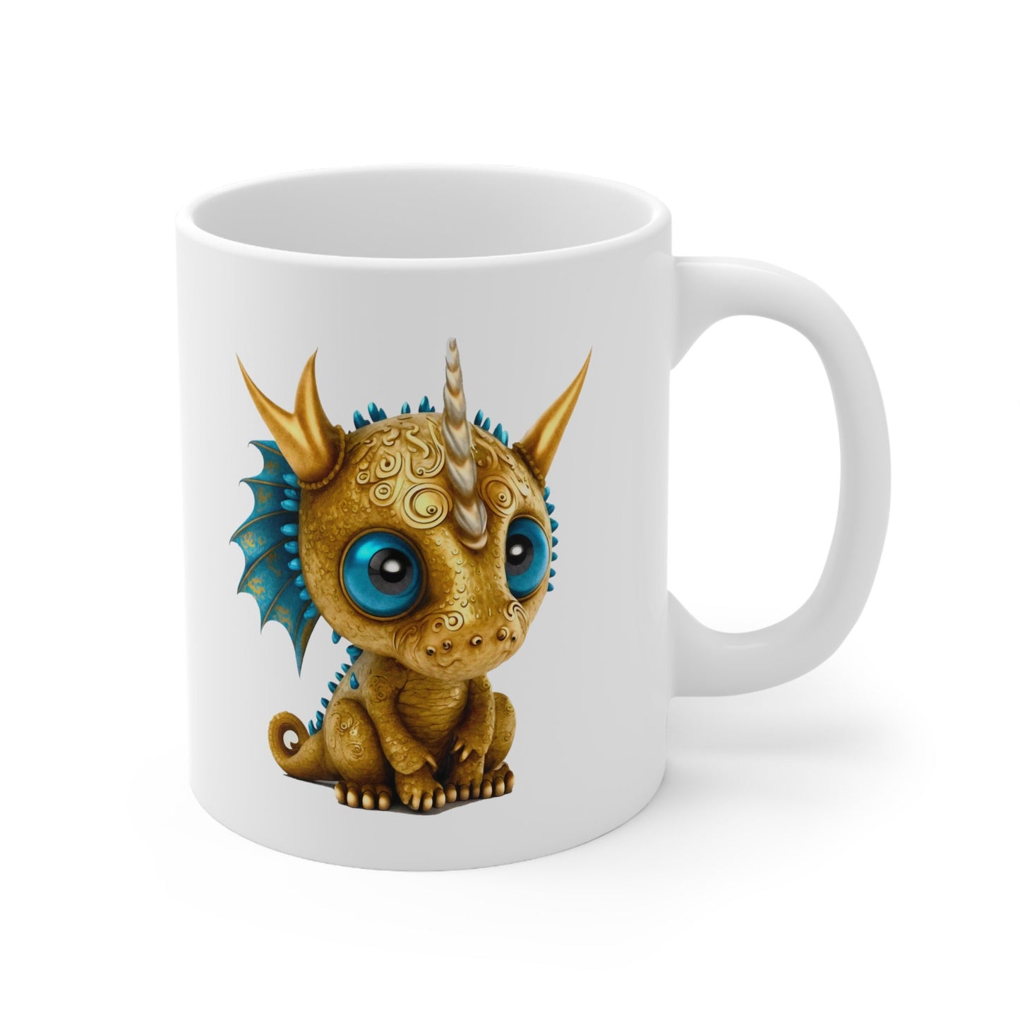 Golden Blue Adorable Baby Dragon Coffee Mug, Heart of a Dragon Mug, White Ceramic Mug for Dragon Lovers, Gift Mug for your Dragon Spirit