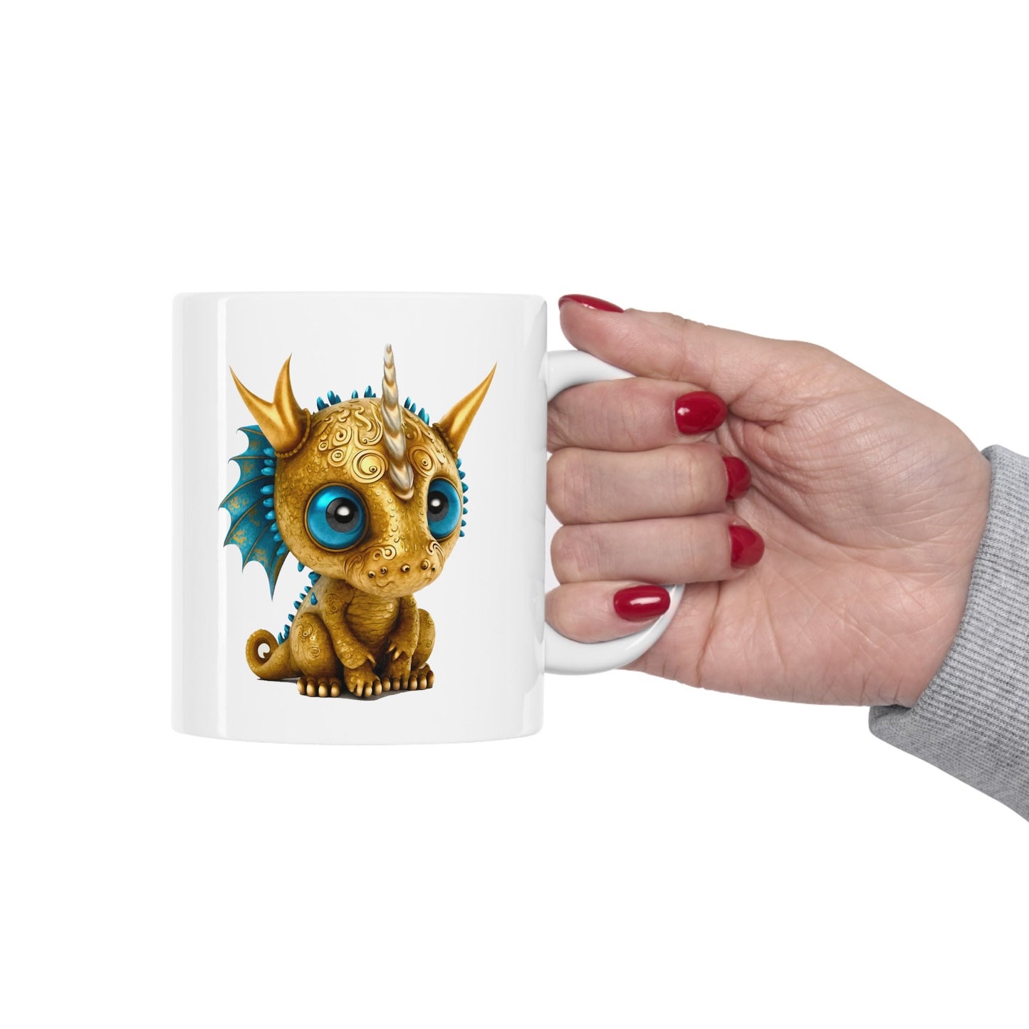 Golden Blue Adorable Baby Dragon Coffee Mug, Heart of a Dragon Mug, White Ceramic Mug for Dragon Lovers, Gift Mug for your Dragon Spirit
