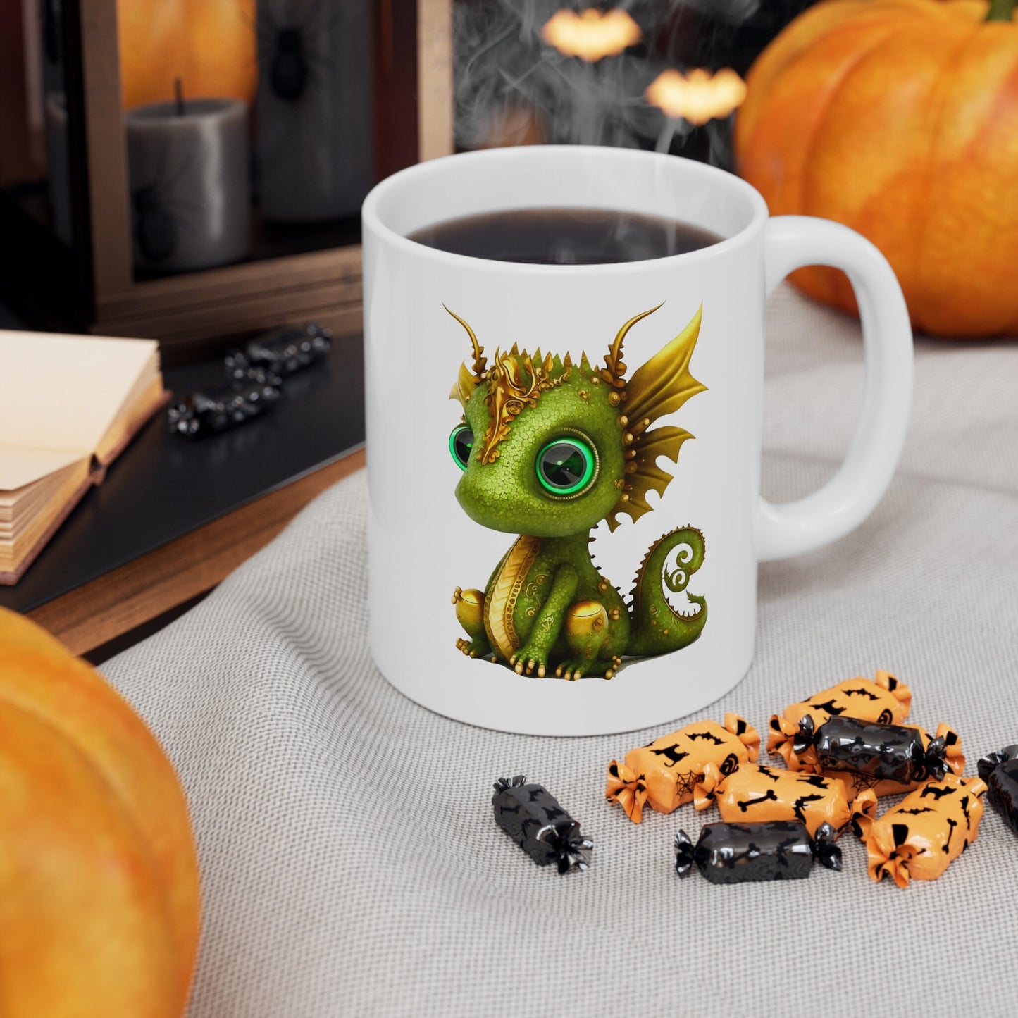 Green and Gold Adorable Baby Dragon Coffee Mug, Heart of a Dragon Mug, White Ceramic Mug for Dragon Lovers, Gift Mug for your Dragon Spirit
