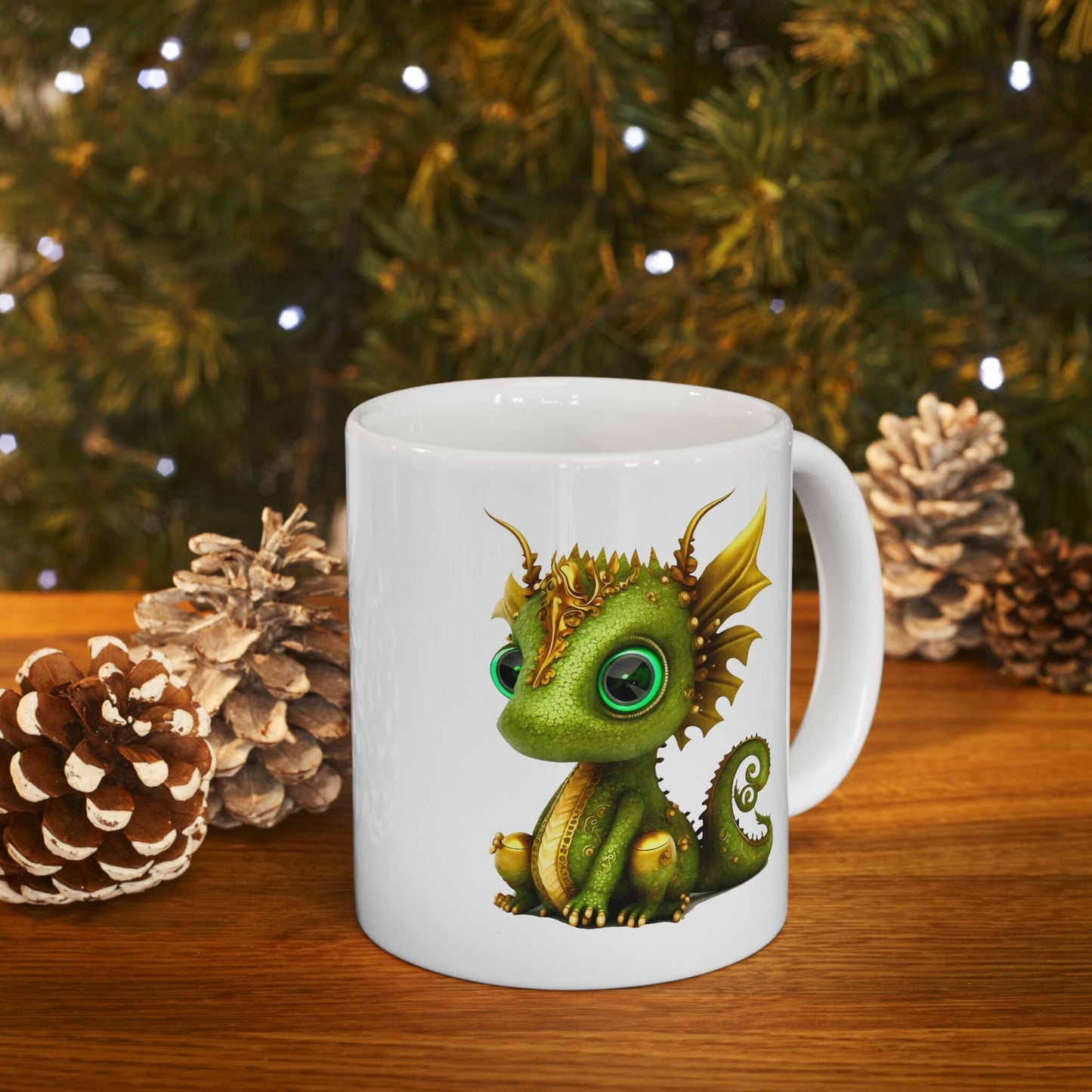 Green and Gold Adorable Baby Dragon Coffee Mug, Heart of a Dragon Mug, White Ceramic Mug for Dragon Lovers, Gift Mug for your Dragon Spirit