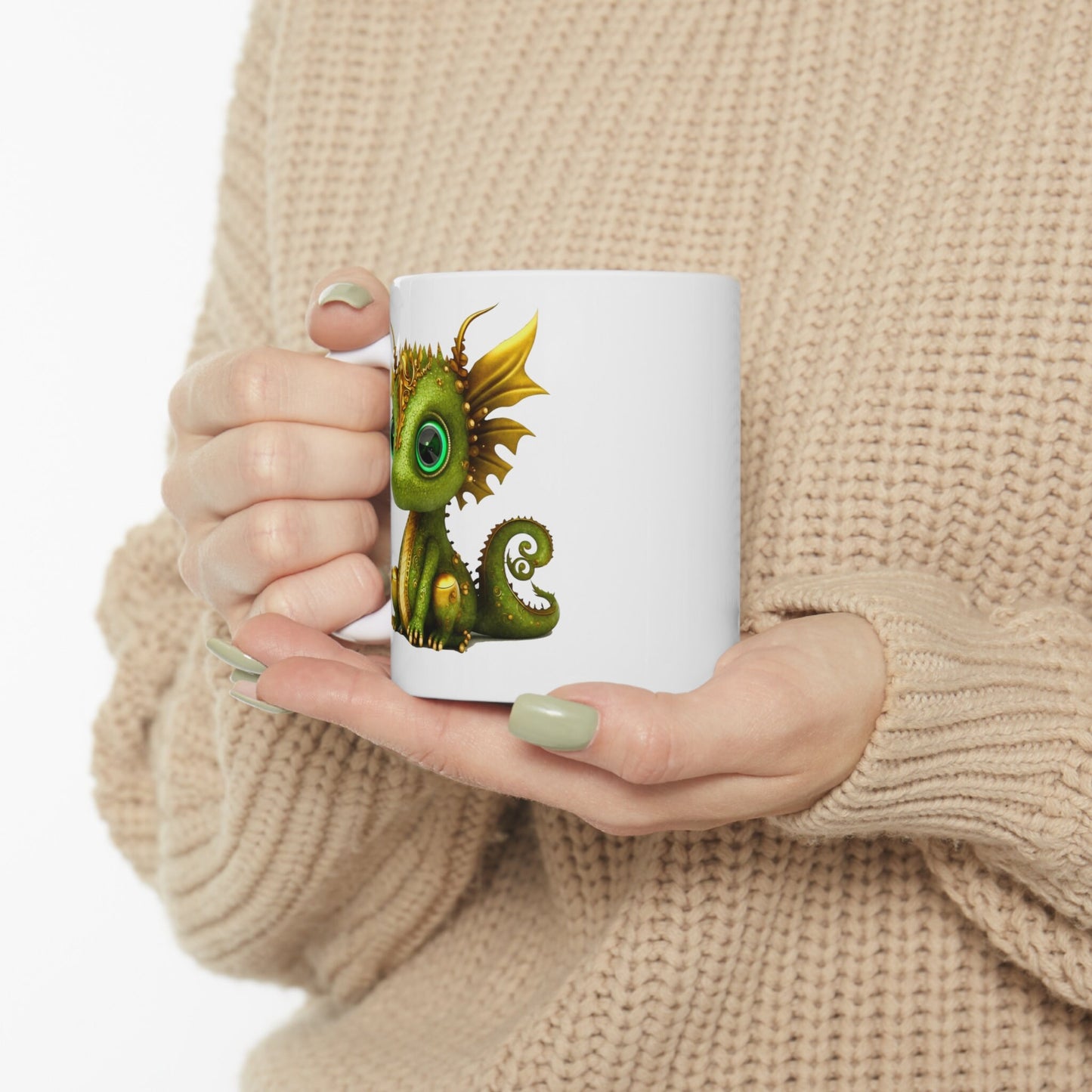 Green and Gold Adorable Baby Dragon Coffee Mug, Heart of a Dragon Mug, White Ceramic Mug for Dragon Lovers, Gift Mug for your Dragon Spirit
