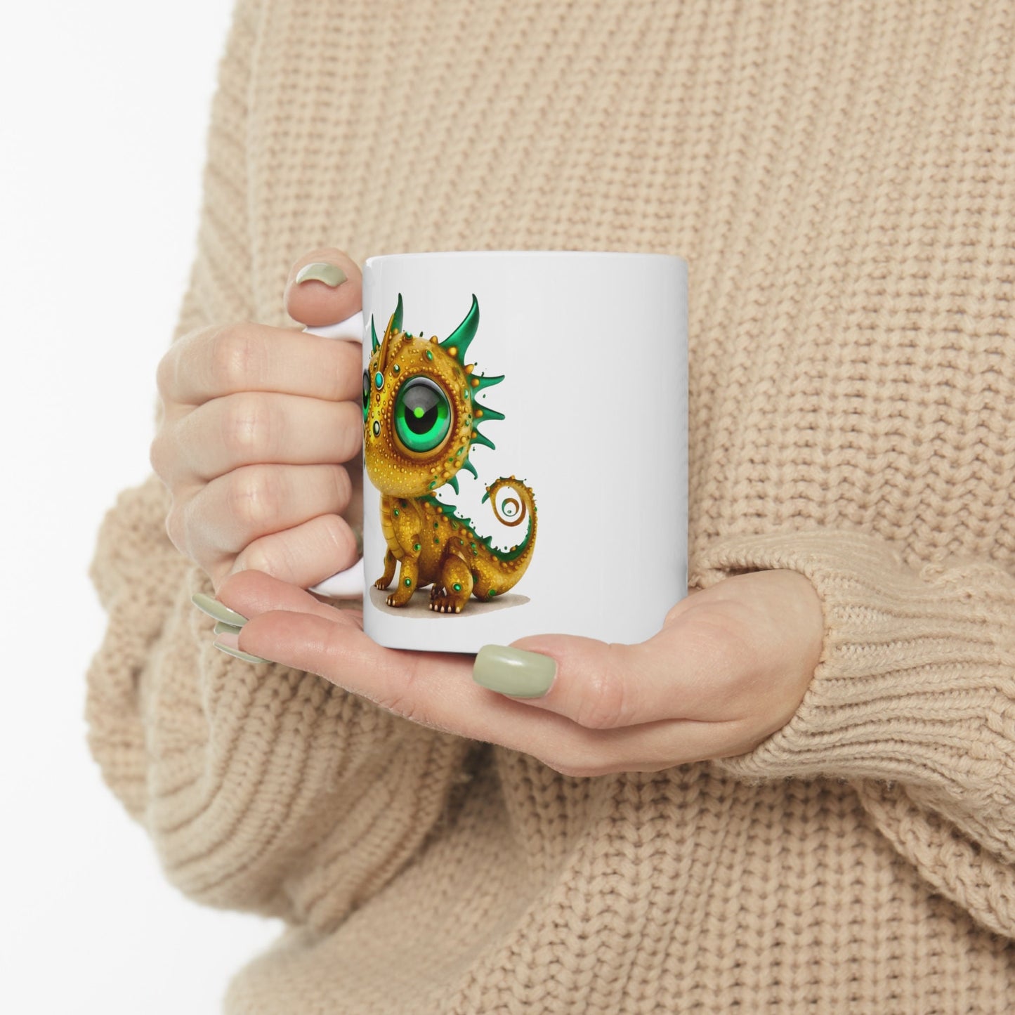 Golden Green Adorable Baby Dragon Coffee Mug, Heart of a Dragon Mug, White Ceramic Mug for Dragon Lovers, Gift Mug for your Dragon Spirit