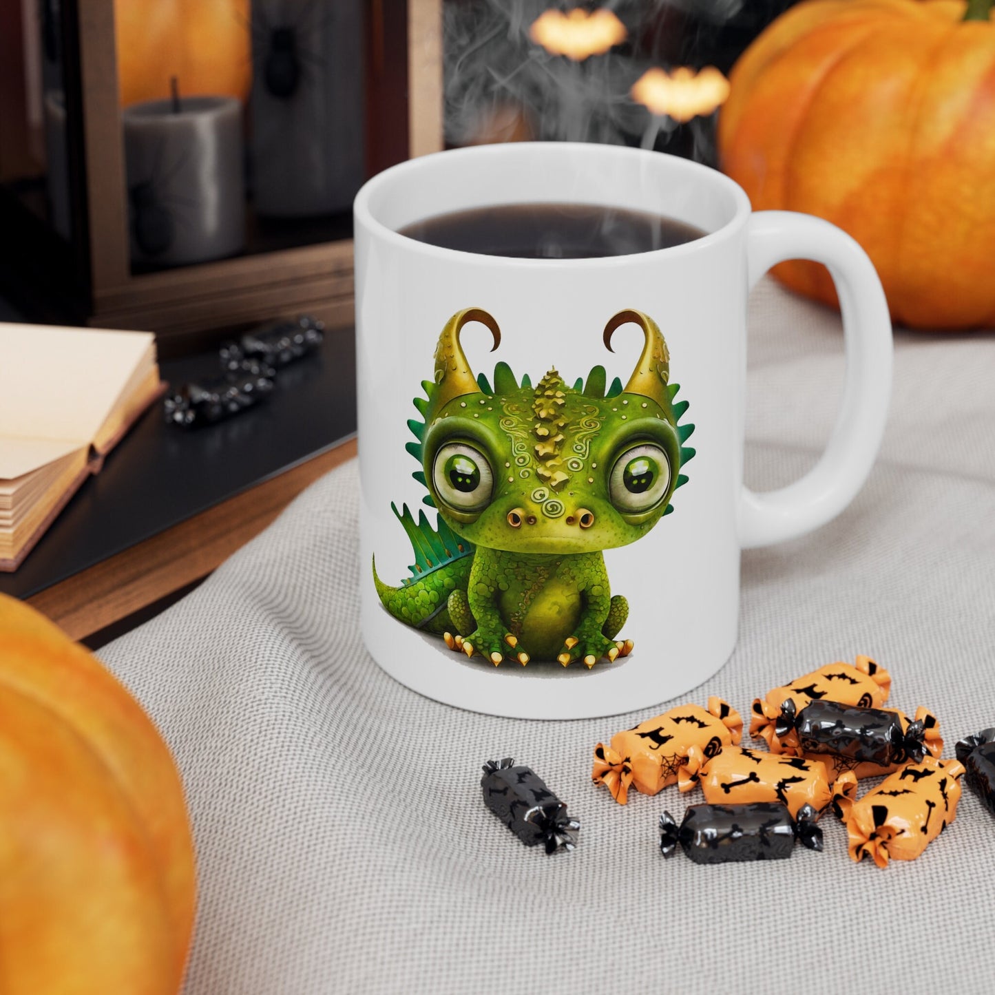 Golden Green Adorable Baby Dragon Coffee Mug, Heart of a Dragon Mug, White Ceramic Mug for Dragon Lovers, Gift Mug for your Dragon Spirit