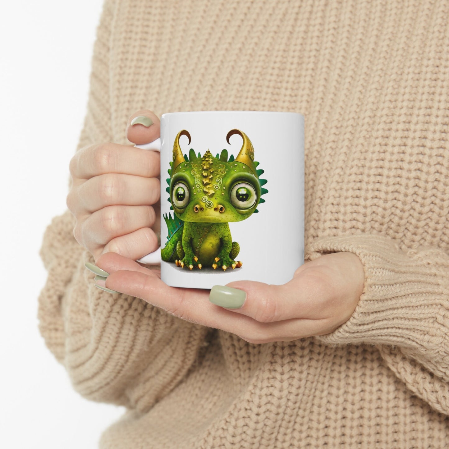 Golden Green Adorable Baby Dragon Coffee Mug, Heart of a Dragon Mug, White Ceramic Mug for Dragon Lovers, Gift Mug for your Dragon Spirit