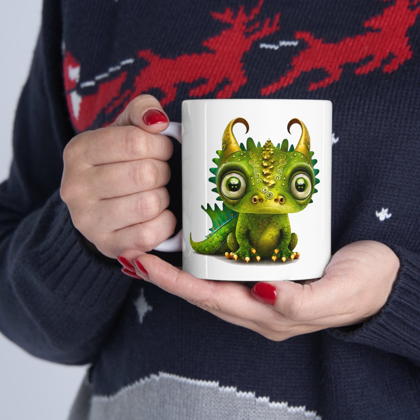 Golden Green Adorable Baby Dragon Coffee Mug, Heart of a Dragon Mug, White Ceramic Mug for Dragon Lovers, Gift Mug for your Dragon Spirit