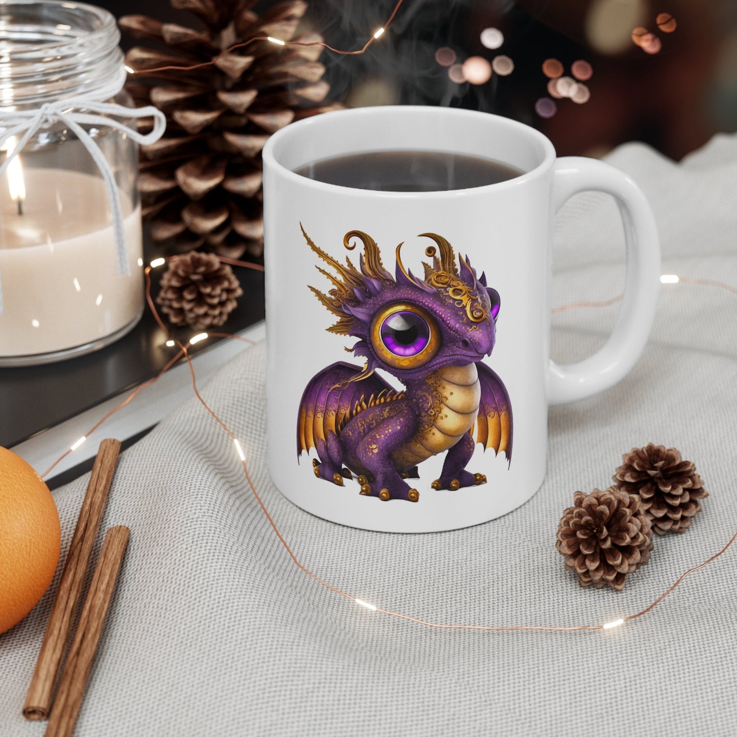 Purple Gold Adorable Baby Dragon Coffee Mug, Heart of a Dragon Mug, White Ceramic Mug for Dragon Lovers, Gift Mug for your Dragon Spirit