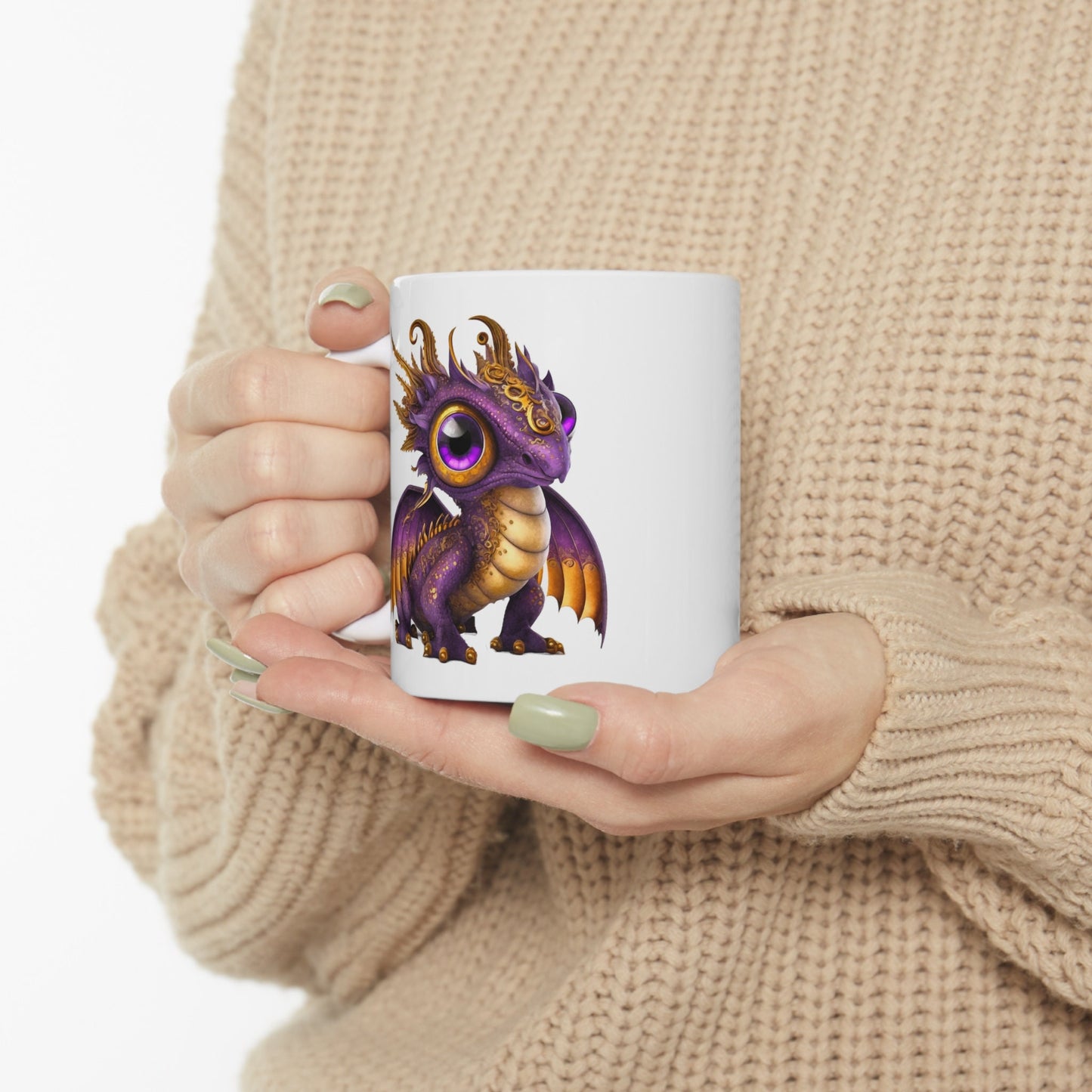 Purple Gold Adorable Baby Dragon Coffee Mug, Heart of a Dragon Mug, White Ceramic Mug for Dragon Lovers, Gift Mug for your Dragon Spirit