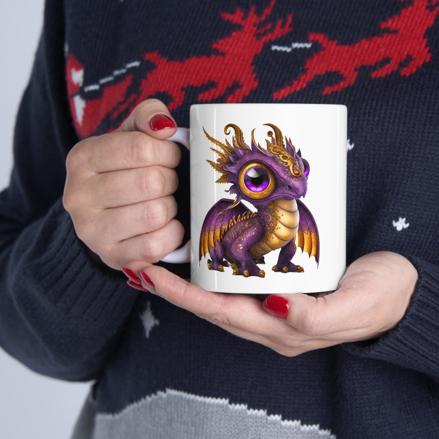 Purple Gold Adorable Baby Dragon Coffee Mug, Heart of a Dragon Mug, White Ceramic Mug for Dragon Lovers, Gift Mug for your Dragon Spirit