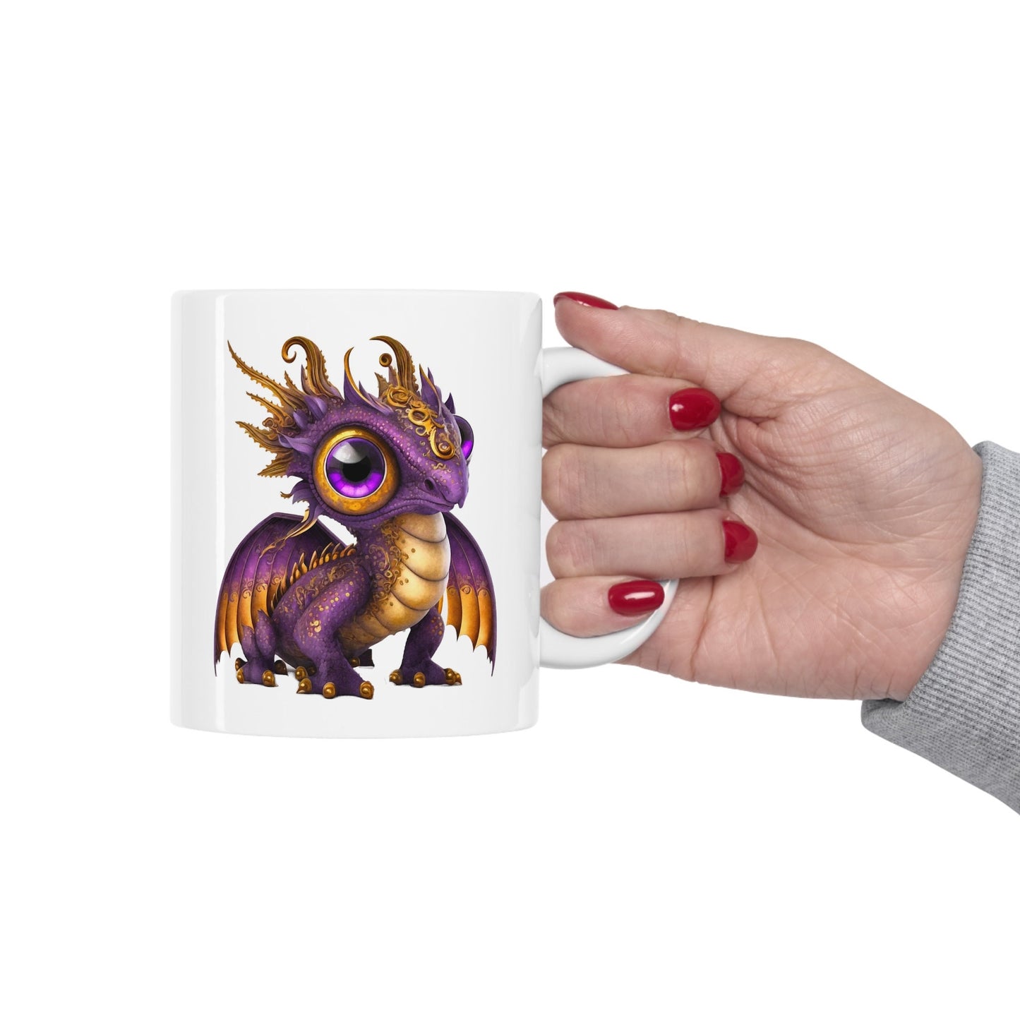 Purple Gold Adorable Baby Dragon Coffee Mug, Heart of a Dragon Mug, White Ceramic Mug for Dragon Lovers, Gift Mug for your Dragon Spirit