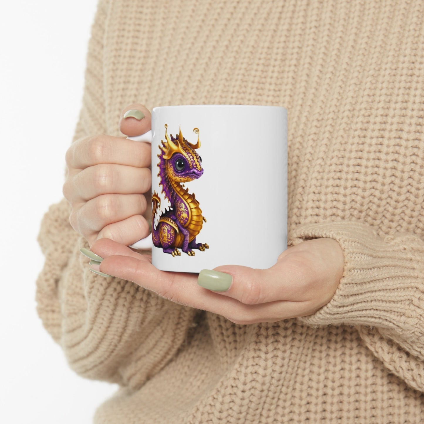 Purple Gold Adorable Baby Dragon Coffee Mug, Heart of a Dragon Mug, White Ceramic Mug for Dragon Lovers, Gift Mug for your Dragon Spirit
