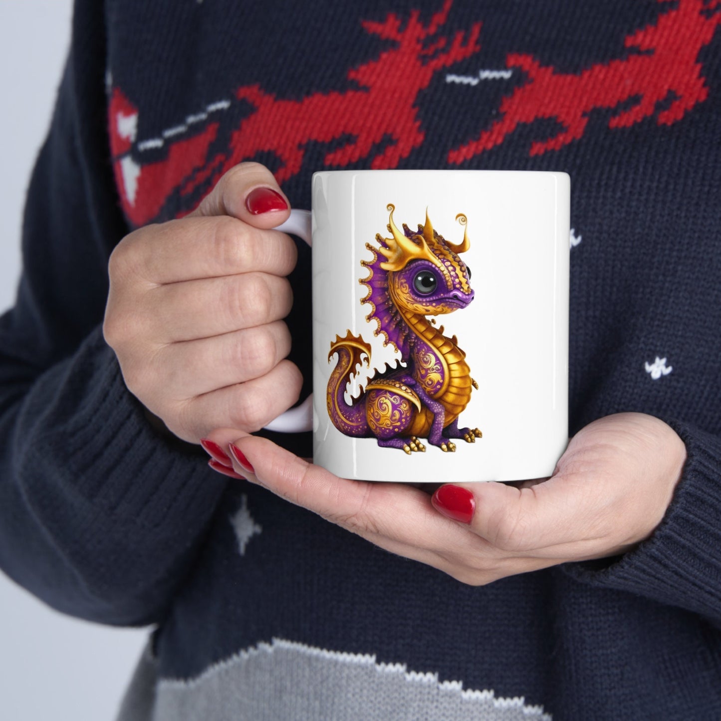 Purple Gold Adorable Baby Dragon Coffee Mug, Heart of a Dragon Mug, White Ceramic Mug for Dragon Lovers, Gift Mug for your Dragon Spirit