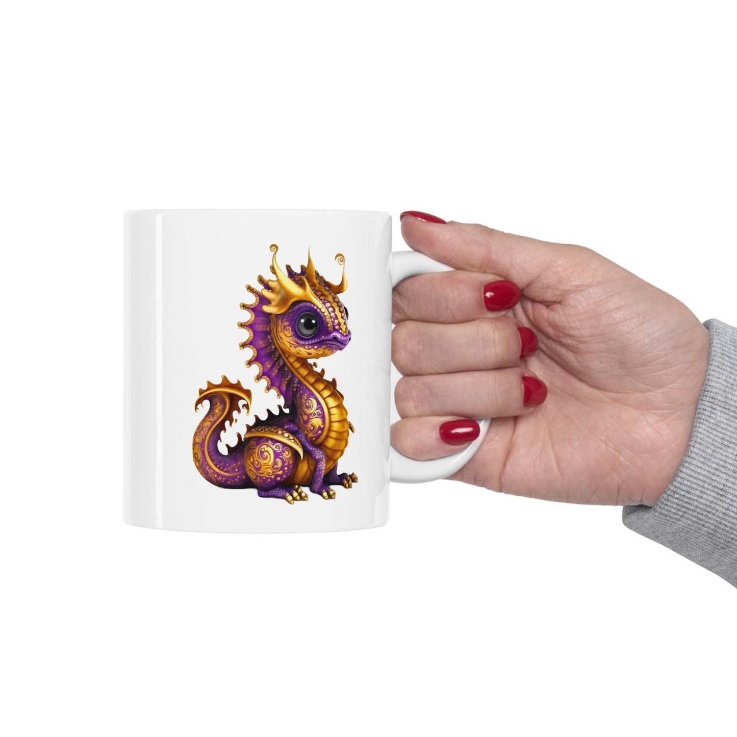 Purple Gold Adorable Baby Dragon Coffee Mug, Heart of a Dragon Mug, White Ceramic Mug for Dragon Lovers, Gift Mug for your Dragon Spirit