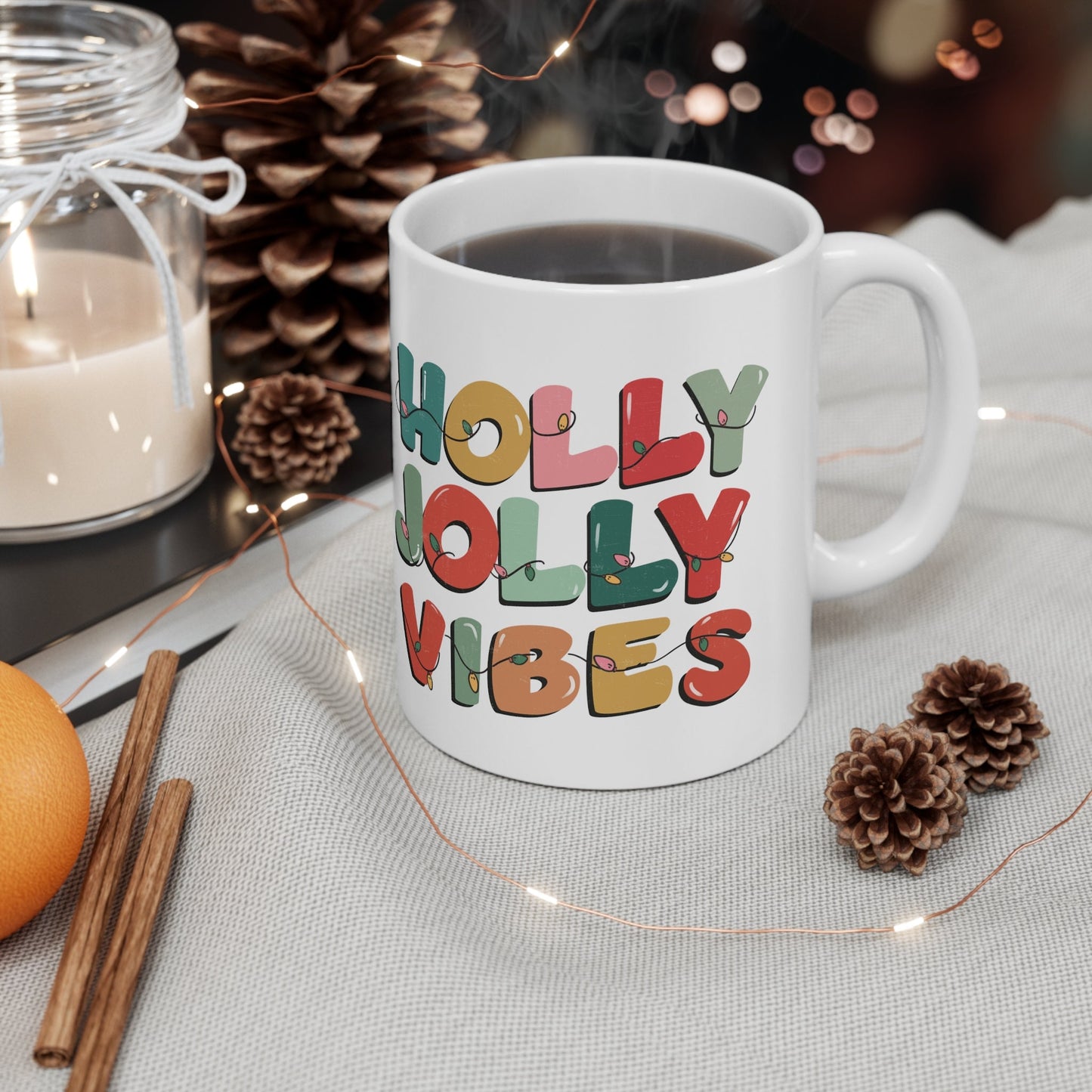 Holly Jolly Vibes Christmas Mug, Perfect Holiday Cheer Coffee Mug, Gift Mug for Christmas Spirit, Cute Christmas mugs for Family and friends