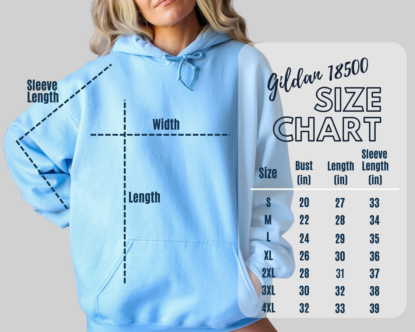 Gildan 18500 Hoodie Size chart for Scorpion Tees Etsy Shop. Features Size, Width, Length and Sleeve Length Measurements.  Visit the Scorpion Tees Etsy Store at
www.scorpiontees.etsy.com