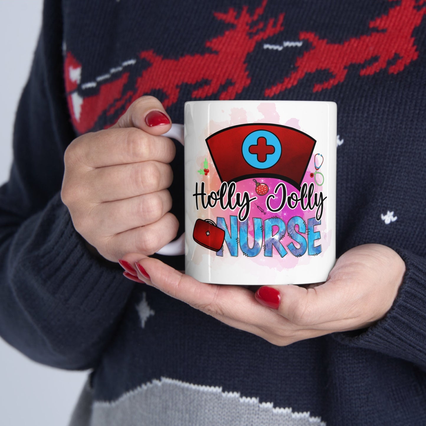 Holly Jolly Nurse Christmas Mug, Perfect Holiday Cheer Coffee Mug, Gift Mug for Christmas Spirit, Cute Christmas mug for Family and friends