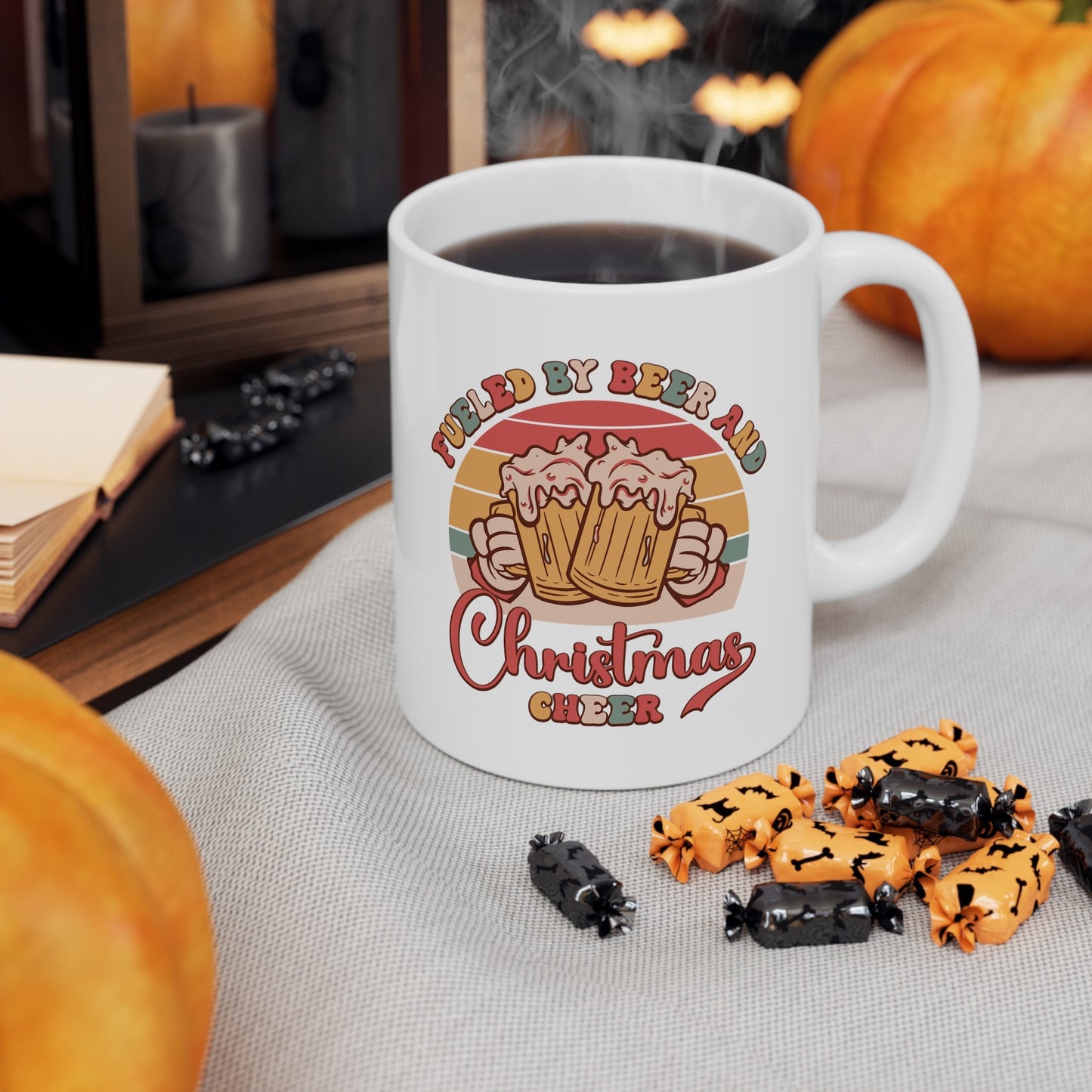 Fueled by Beer Christmas Mug, Perfect Holiday Cheer Coffee Mug, Gift Mug for Christmas Spirit, Cute X-Mas mug for Family and friends