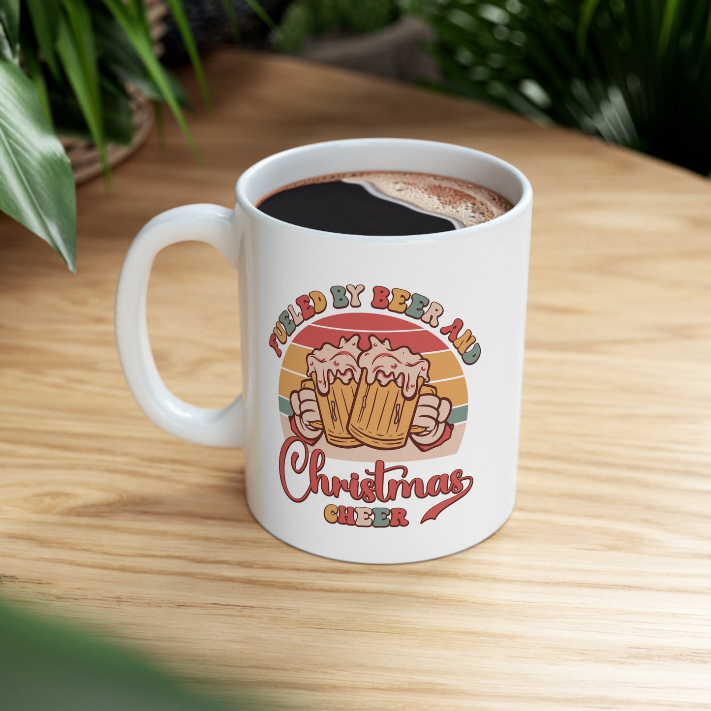 Fueled by Beer Christmas Mug, Perfect Holiday Cheer Coffee Mug, Gift Mug for Christmas Spirit, Cute X-Mas mug for Family and friends