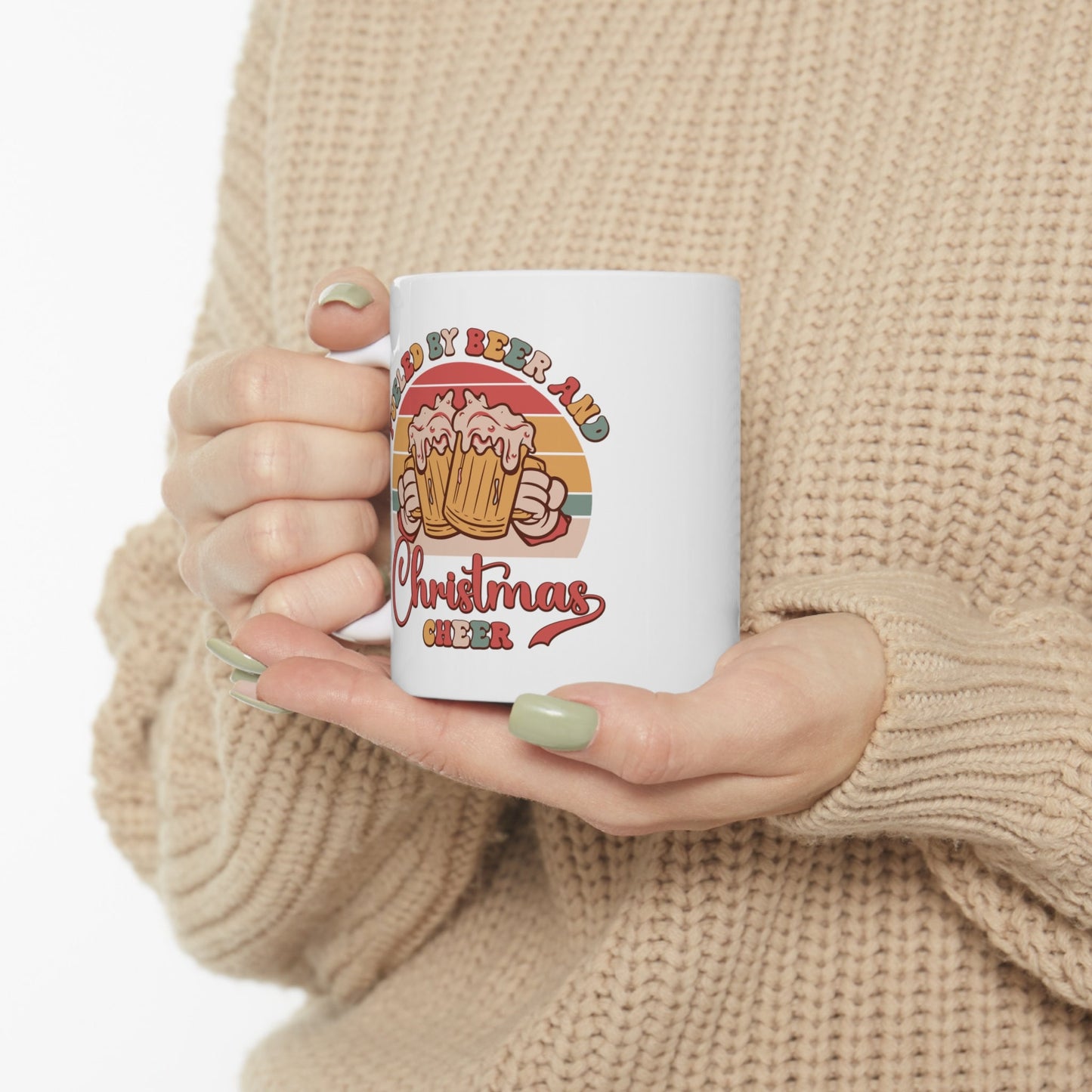 Fueled by Beer Christmas Mug, Perfect Holiday Cheer Coffee Mug, Gift Mug for Christmas Spirit, Cute X-Mas mug for Family and friends