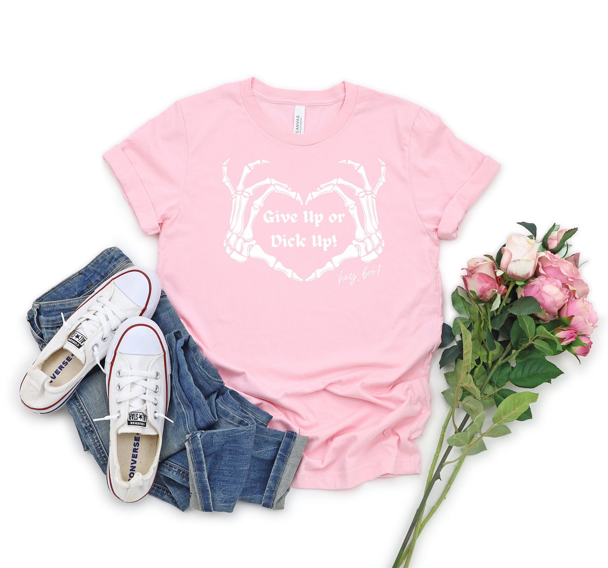 Give up or Dick up shirt by Scorpion Tees and More.  The awesome shirt has two skeleton hands making a heart shape gesture while telling someone to Man up!  Comfortable Yet Stylish.  Pick one up today.  www.scorpiontees.etsy.com