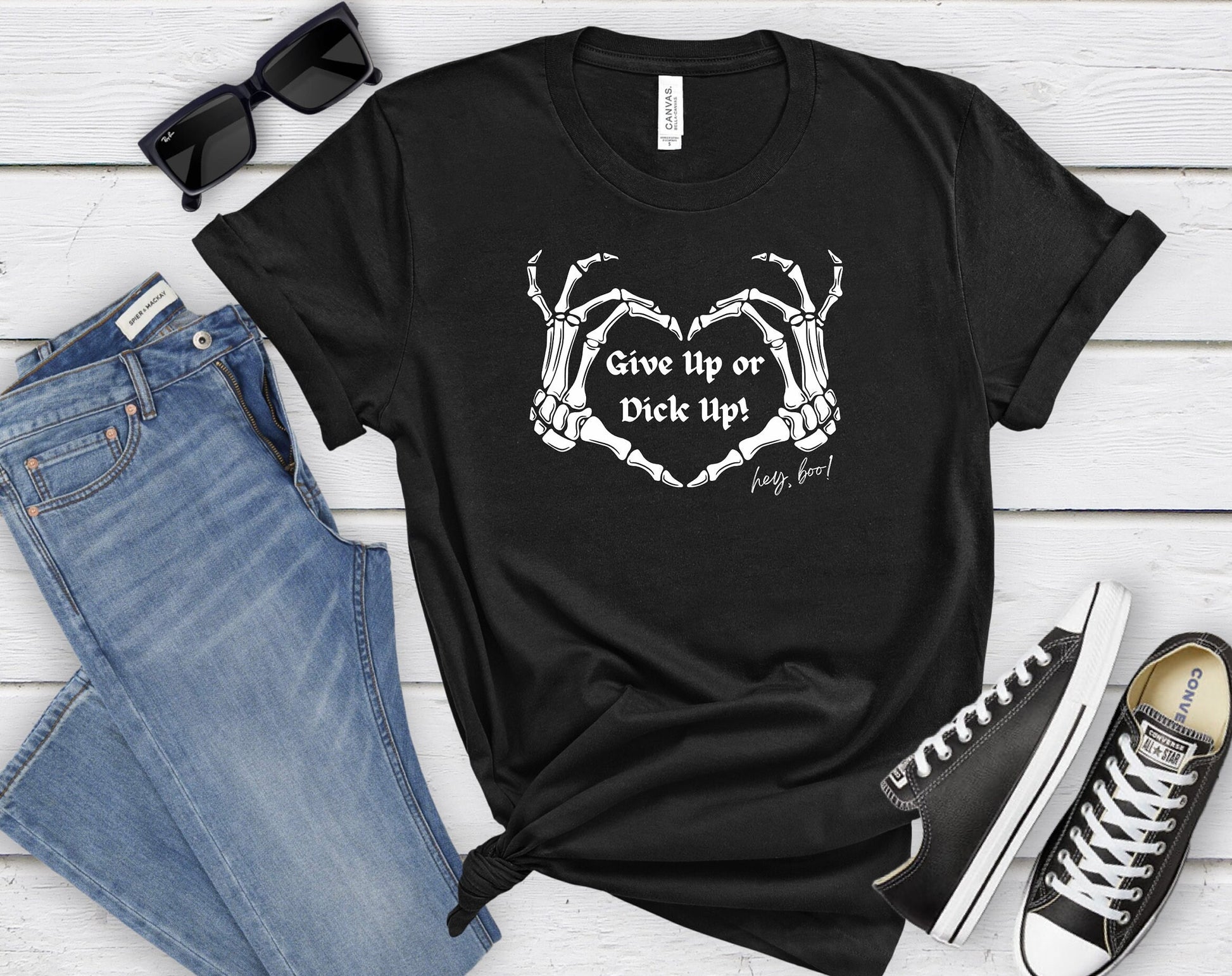 Give up or Dick up shirt by Scorpion Tees and More.  The awesome shirt has two skeleton hands making a heart shape gesture while telling someone to Man up!  Comfortable Yet Stylish.  Pick one up today.  www.scorpiontees.etsy.com