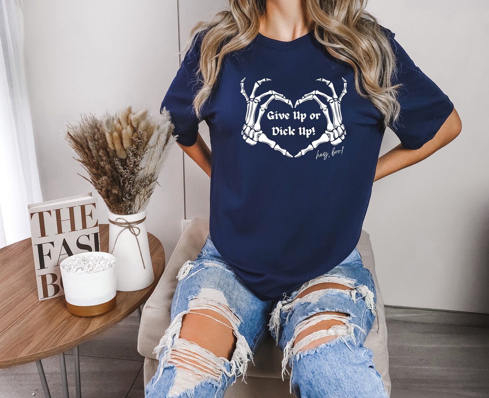 Give up or Dick up shirt by Scorpion Tees and More.  The awesome shirt has two skeleton hands making a heart shape gesture while telling someone to Man up!  Comfortable Yet Stylish.  Pick one up today.  www.scorpiontees.etsy.com
