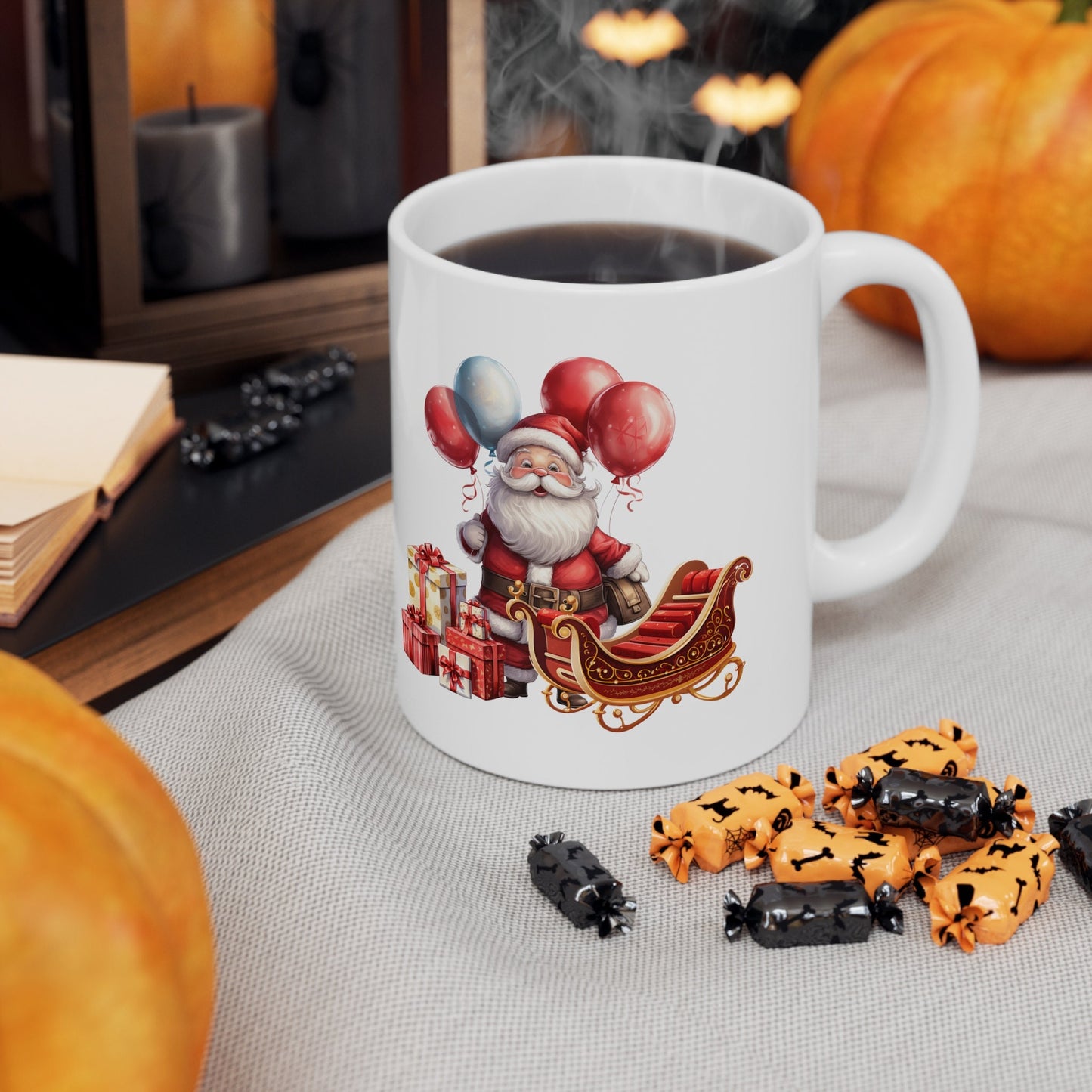 Santa Presents and Sleigh Christmas Mug, Perfect Holiday Cheer Coffee Mug, Gift Mug for X-Mas Spirit, Cute X-Mas mug for Family and friends