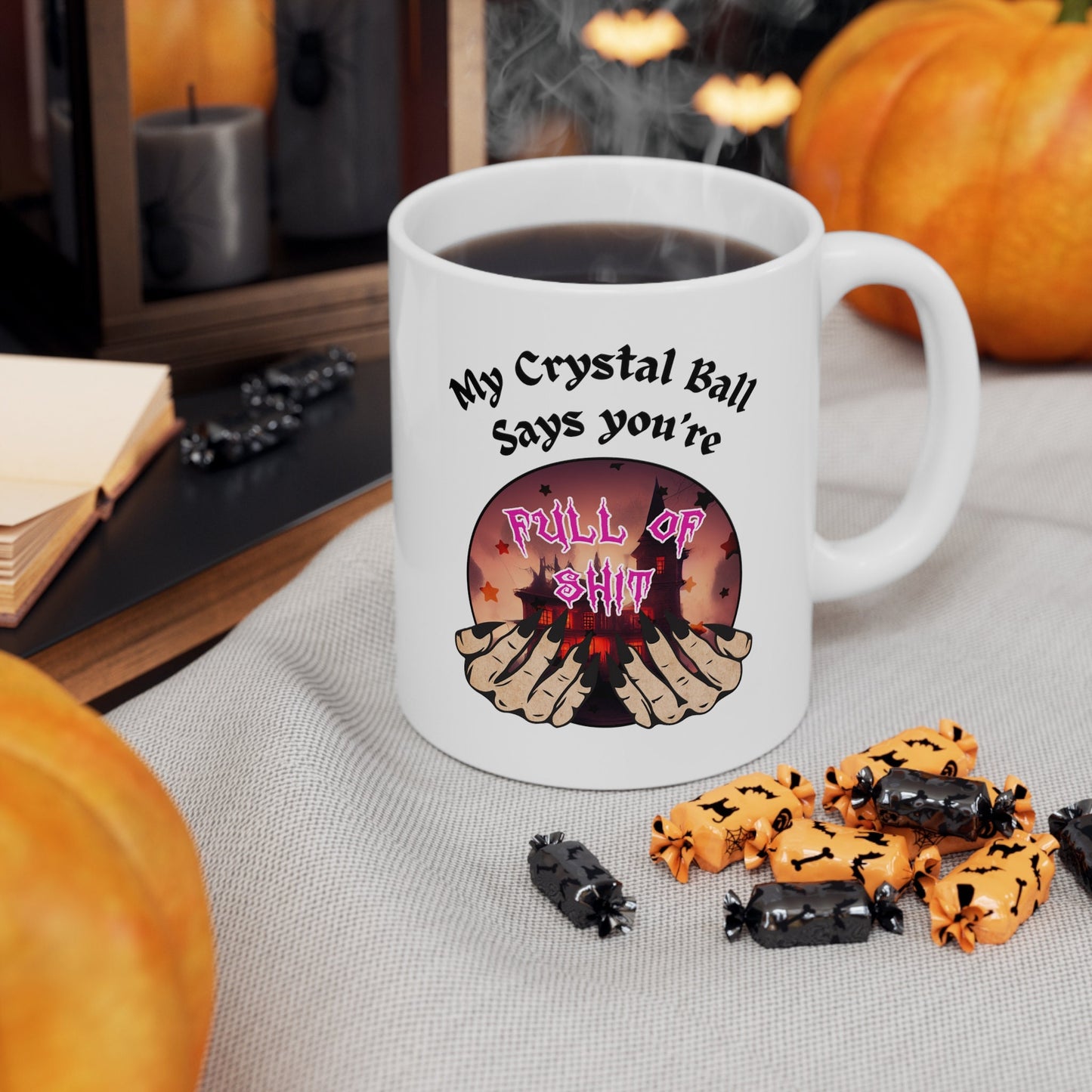 Crystal Ball Wisdom: Full of Shit Graphic Mug with Hands Holding Crystal Ball Image, Supernatural mystic lovers funny Mug