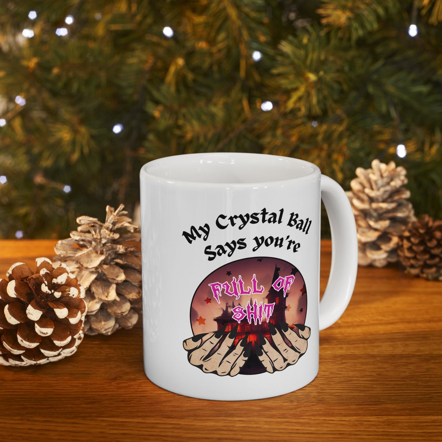 Crystal Ball Wisdom: Full of Shit Graphic Mug with Hands Holding Crystal Ball Image, Supernatural mystic lovers funny Mug