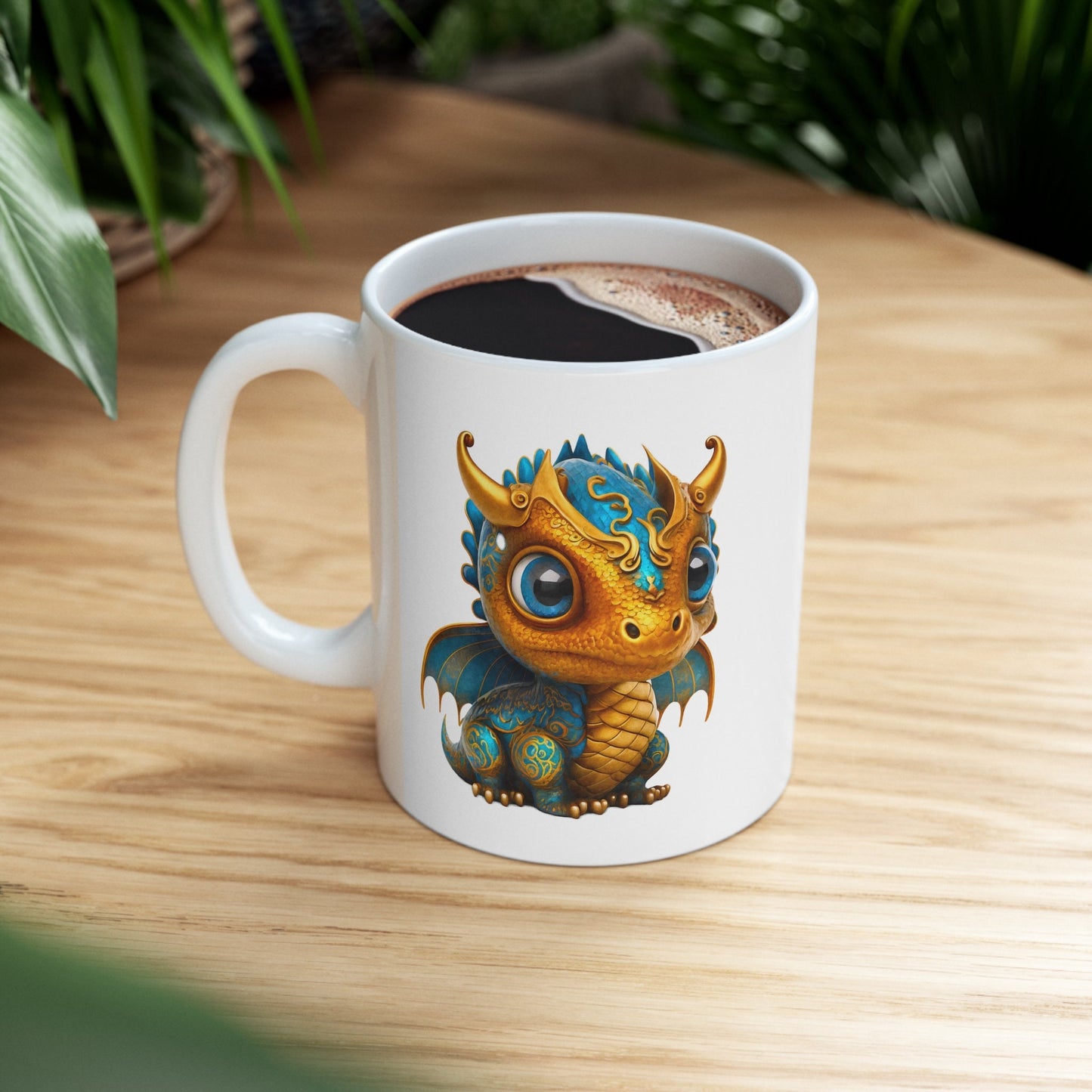 Golden Blue Adorable Baby Dragon Coffee Mug, Heart of a Dragon Mug, White Ceramic Mug for Dragon Lovers, Gift Mug for your Dragon Spirit