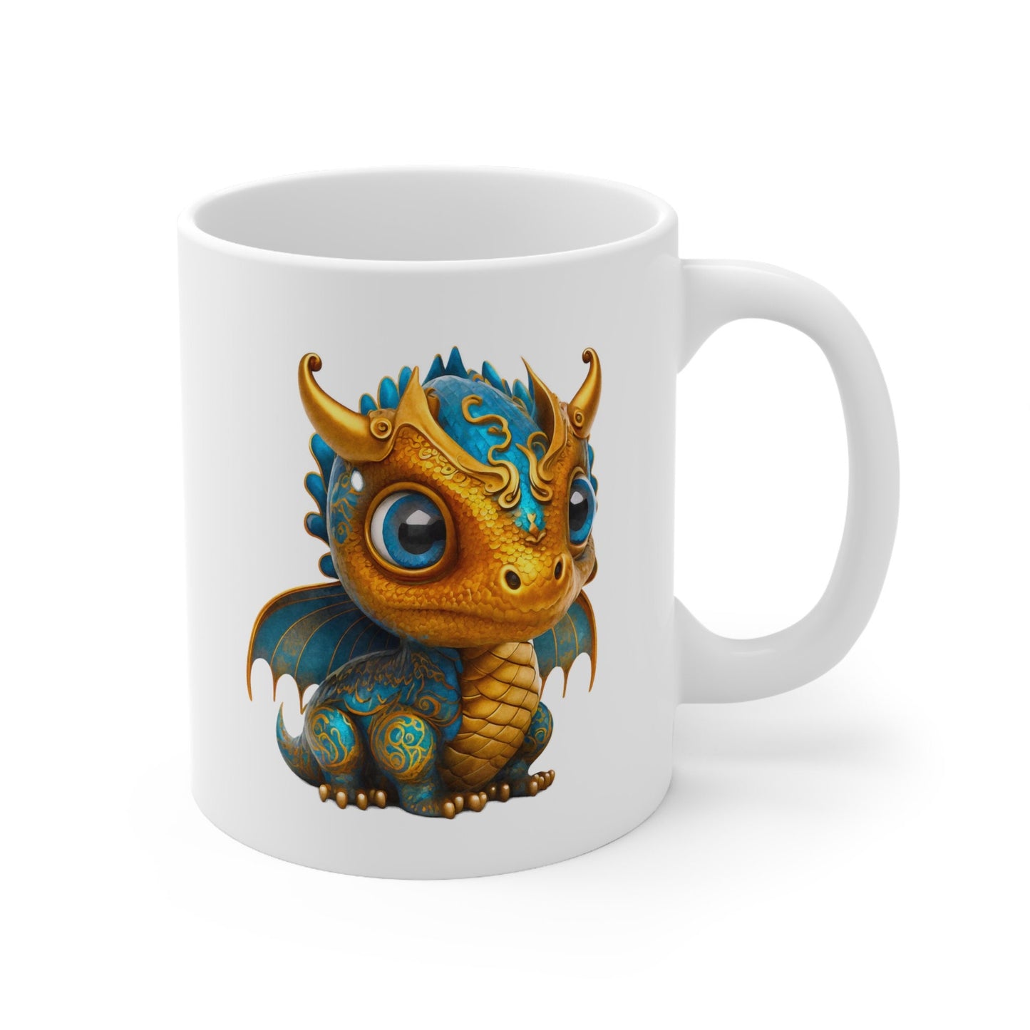 Golden Blue Adorable Baby Dragon Coffee Mug, Heart of a Dragon Mug, White Ceramic Mug for Dragon Lovers, Gift Mug for your Dragon Spirit