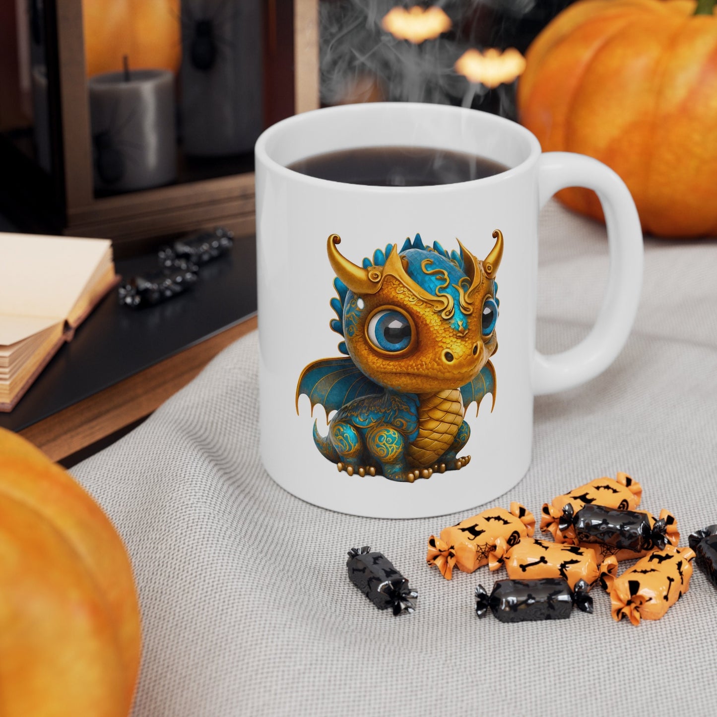 Golden Blue Adorable Baby Dragon Coffee Mug, Heart of a Dragon Mug, White Ceramic Mug for Dragon Lovers, Gift Mug for your Dragon Spirit