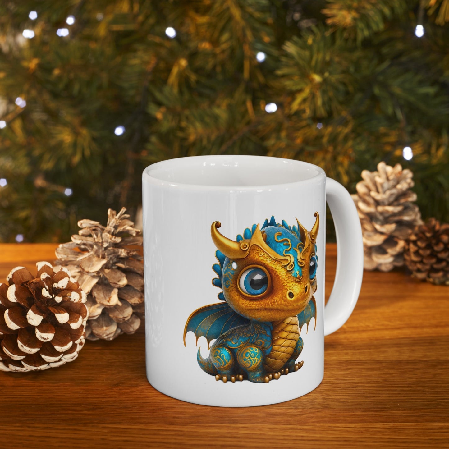 Golden Blue Adorable Baby Dragon Coffee Mug, Heart of a Dragon Mug, White Ceramic Mug for Dragon Lovers, Gift Mug for your Dragon Spirit