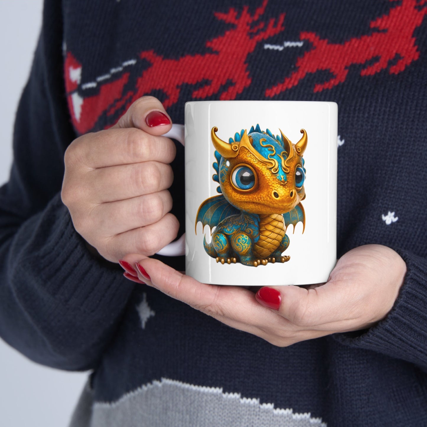 Golden Blue Adorable Baby Dragon Coffee Mug, Heart of a Dragon Mug, White Ceramic Mug for Dragon Lovers, Gift Mug for your Dragon Spirit