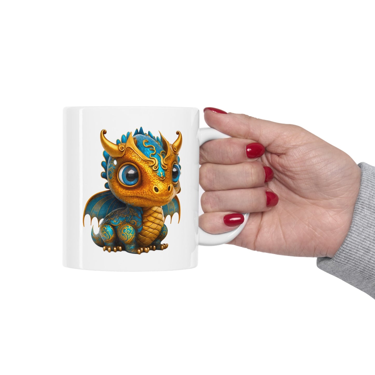 Golden Blue Adorable Baby Dragon Coffee Mug, Heart of a Dragon Mug, White Ceramic Mug for Dragon Lovers, Gift Mug for your Dragon Spirit