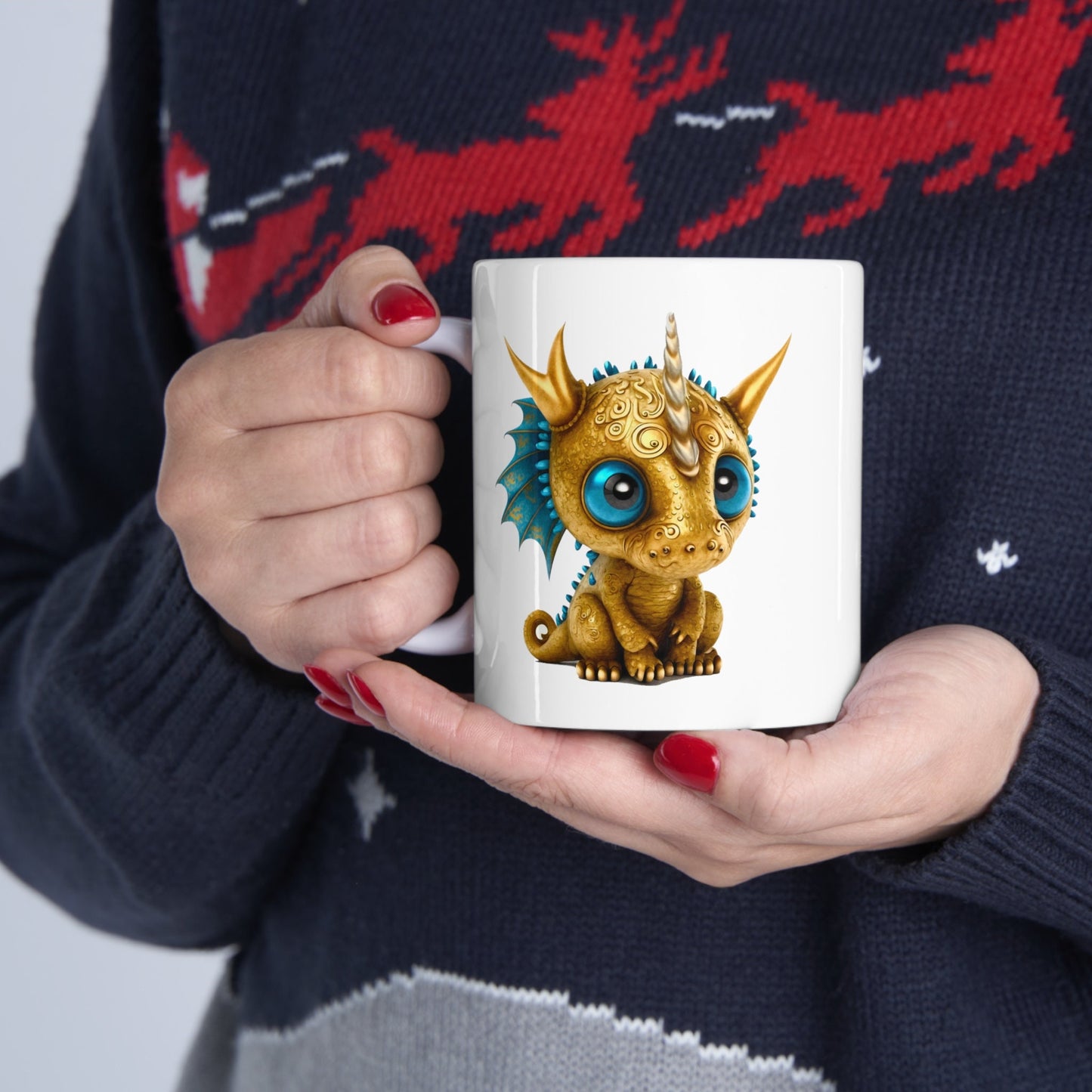 Golden Blue Adorable Baby Dragon Coffee Mug, Heart of a Dragon Mug, White Ceramic Mug for Dragon Lovers, Gift Mug for your Dragon Spirit