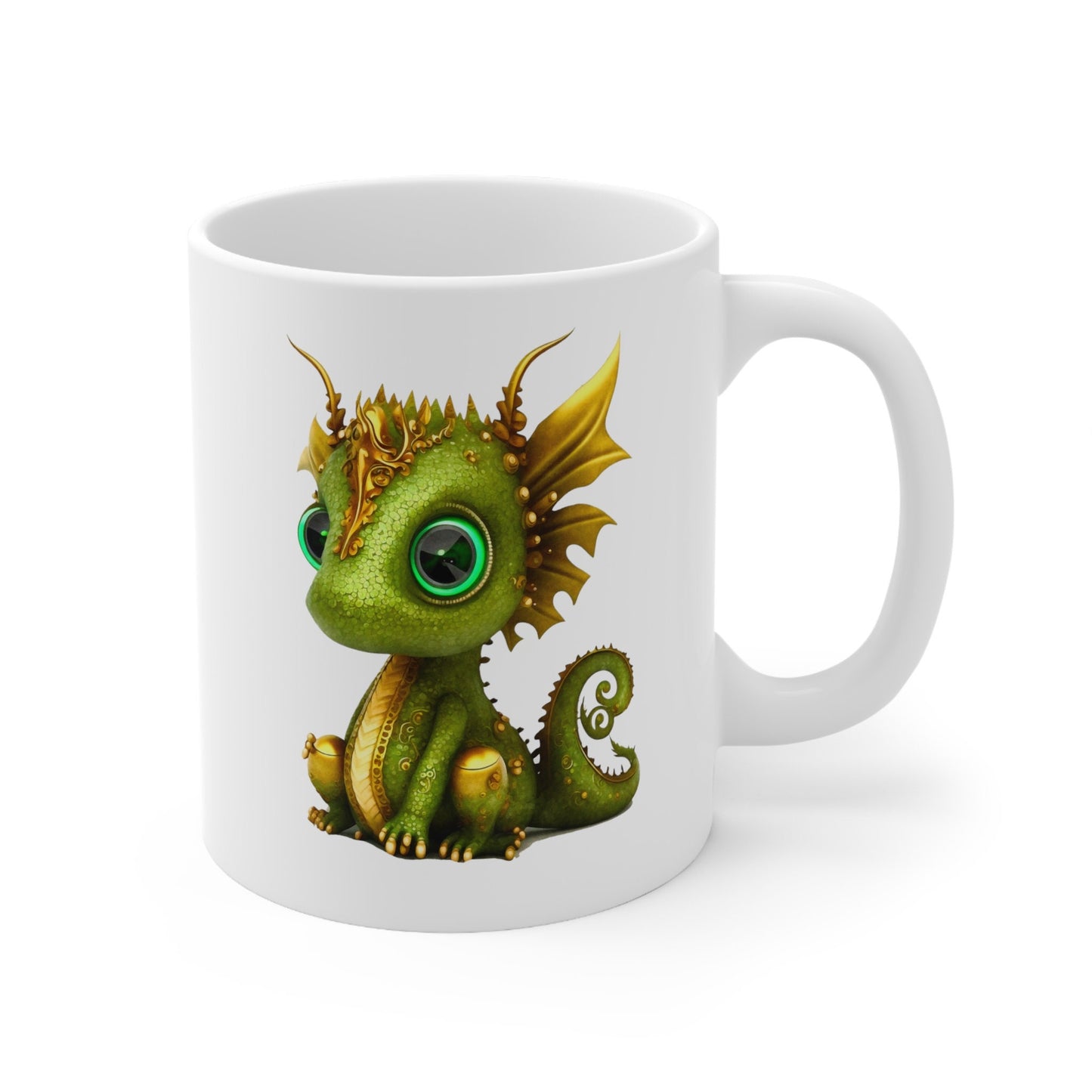 Green and Gold Adorable Baby Dragon Coffee Mug, Heart of a Dragon Mug, White Ceramic Mug for Dragon Lovers, Gift Mug for your Dragon Spirit