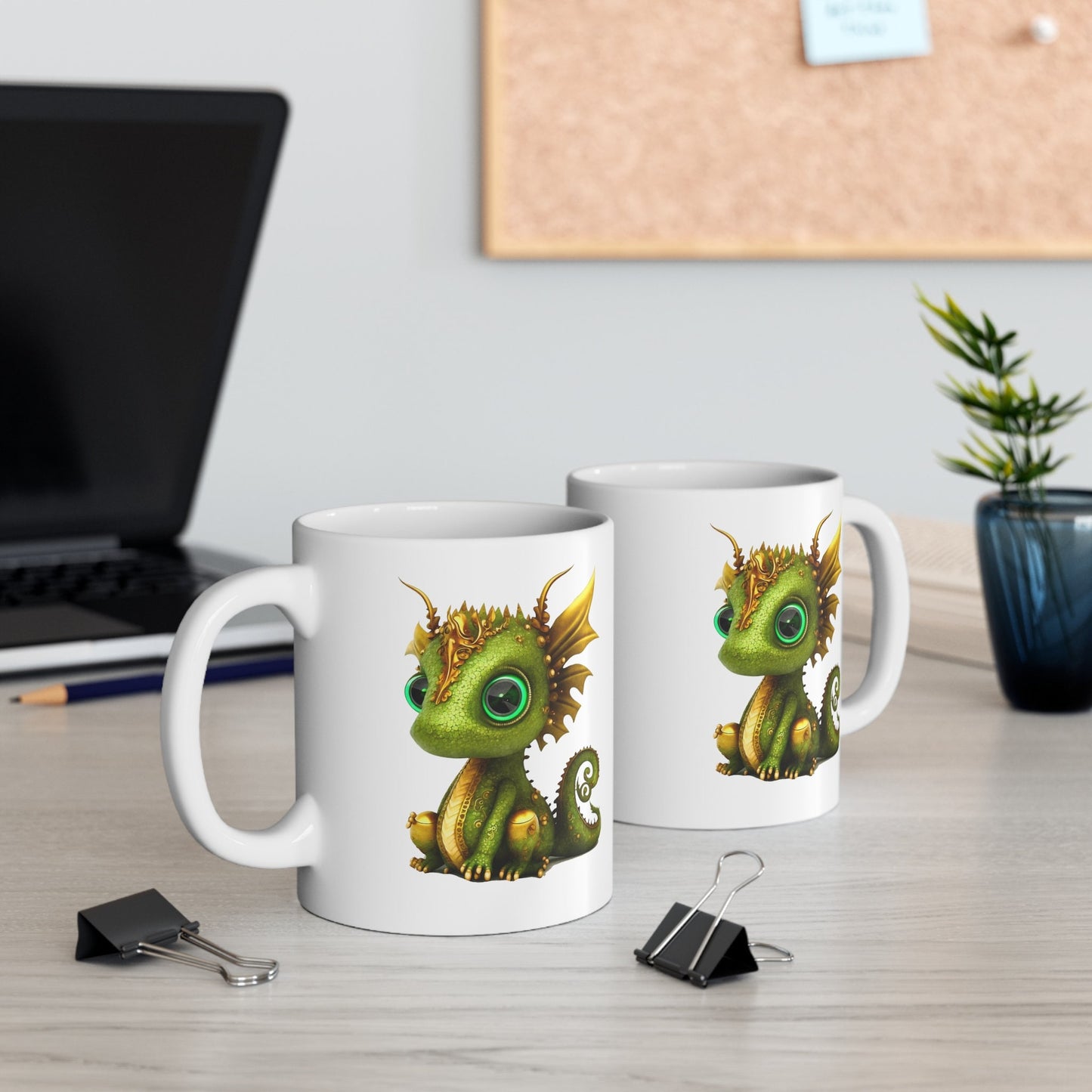 Green and Gold Adorable Baby Dragon Coffee Mug, Heart of a Dragon Mug, White Ceramic Mug for Dragon Lovers, Gift Mug for your Dragon Spirit