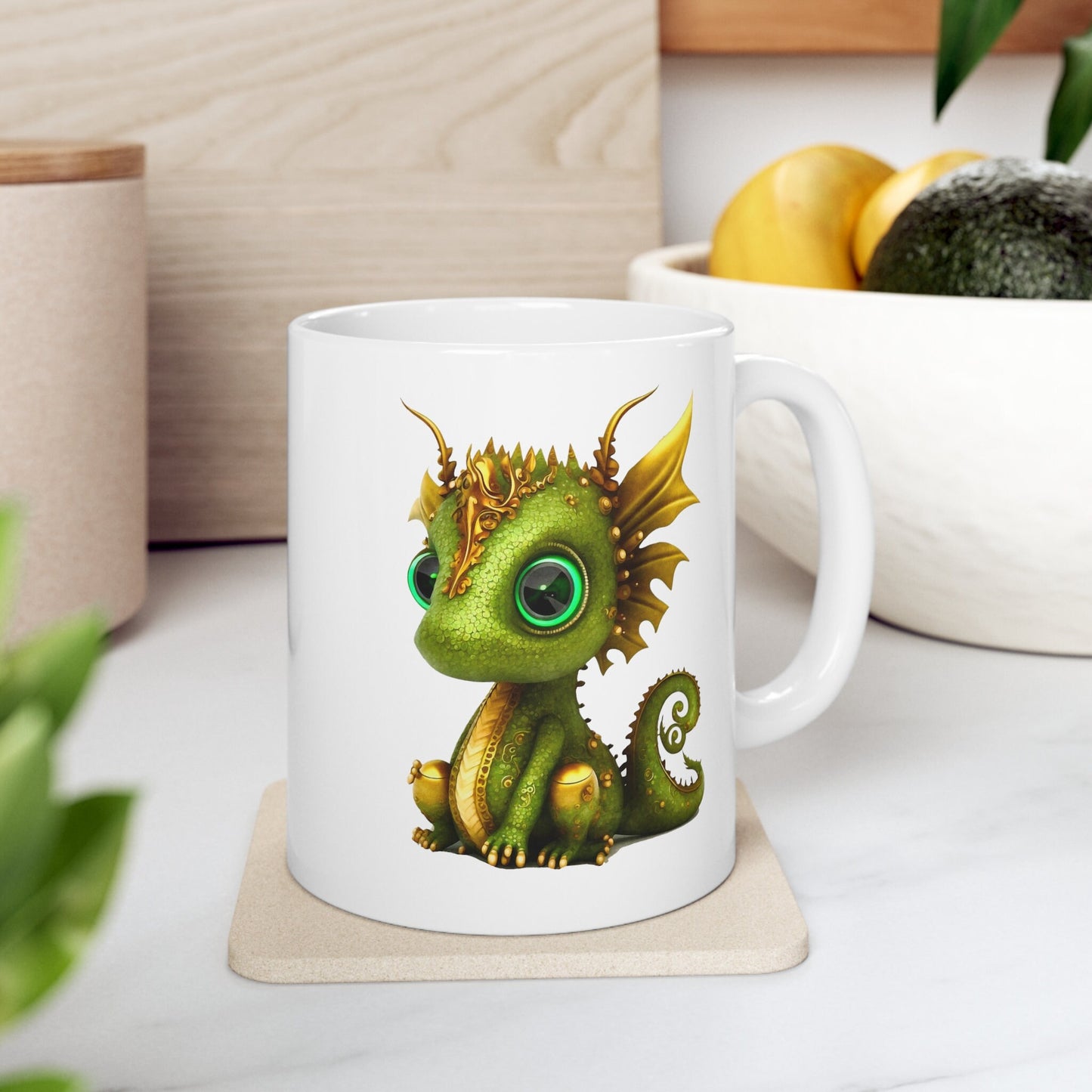 Green and Gold Adorable Baby Dragon Coffee Mug, Heart of a Dragon Mug, White Ceramic Mug for Dragon Lovers, Gift Mug for your Dragon Spirit