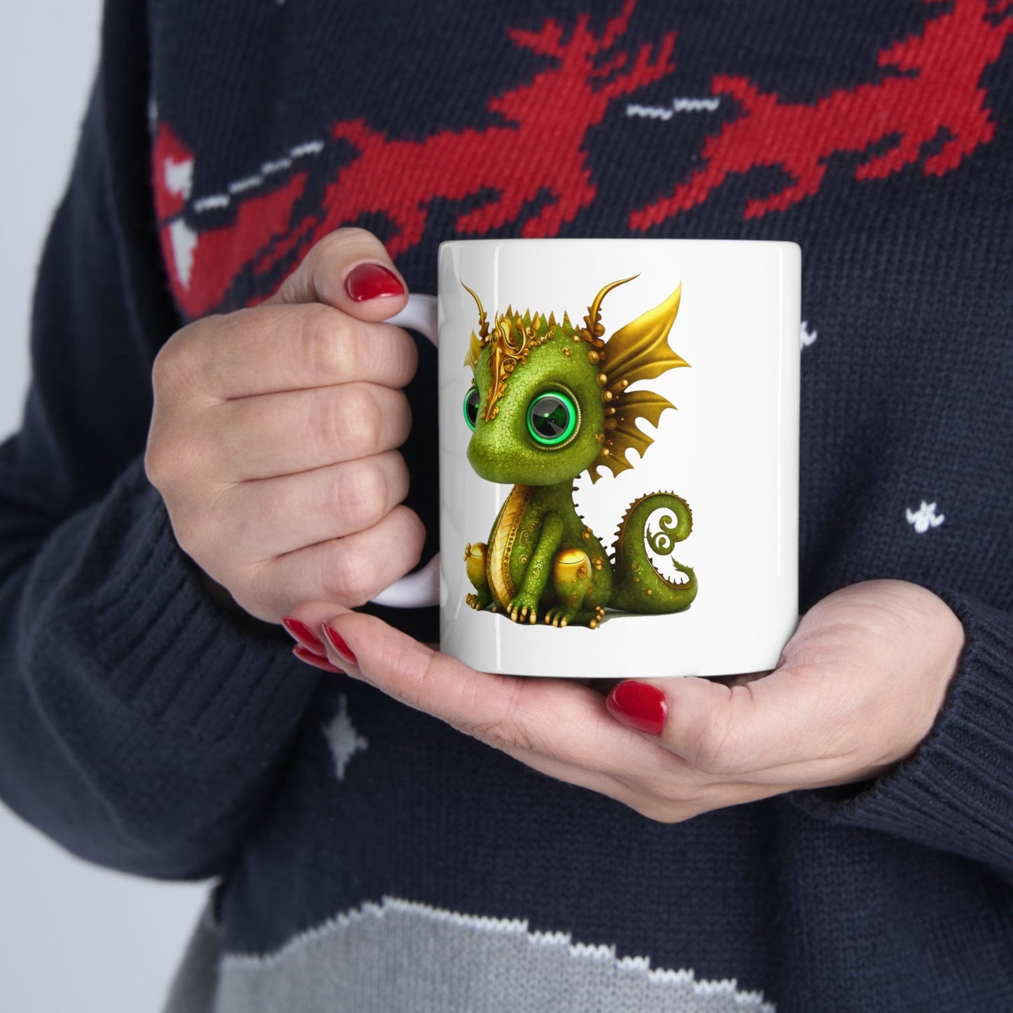 Green and Gold Adorable Baby Dragon Coffee Mug, Heart of a Dragon Mug, White Ceramic Mug for Dragon Lovers, Gift Mug for your Dragon Spirit