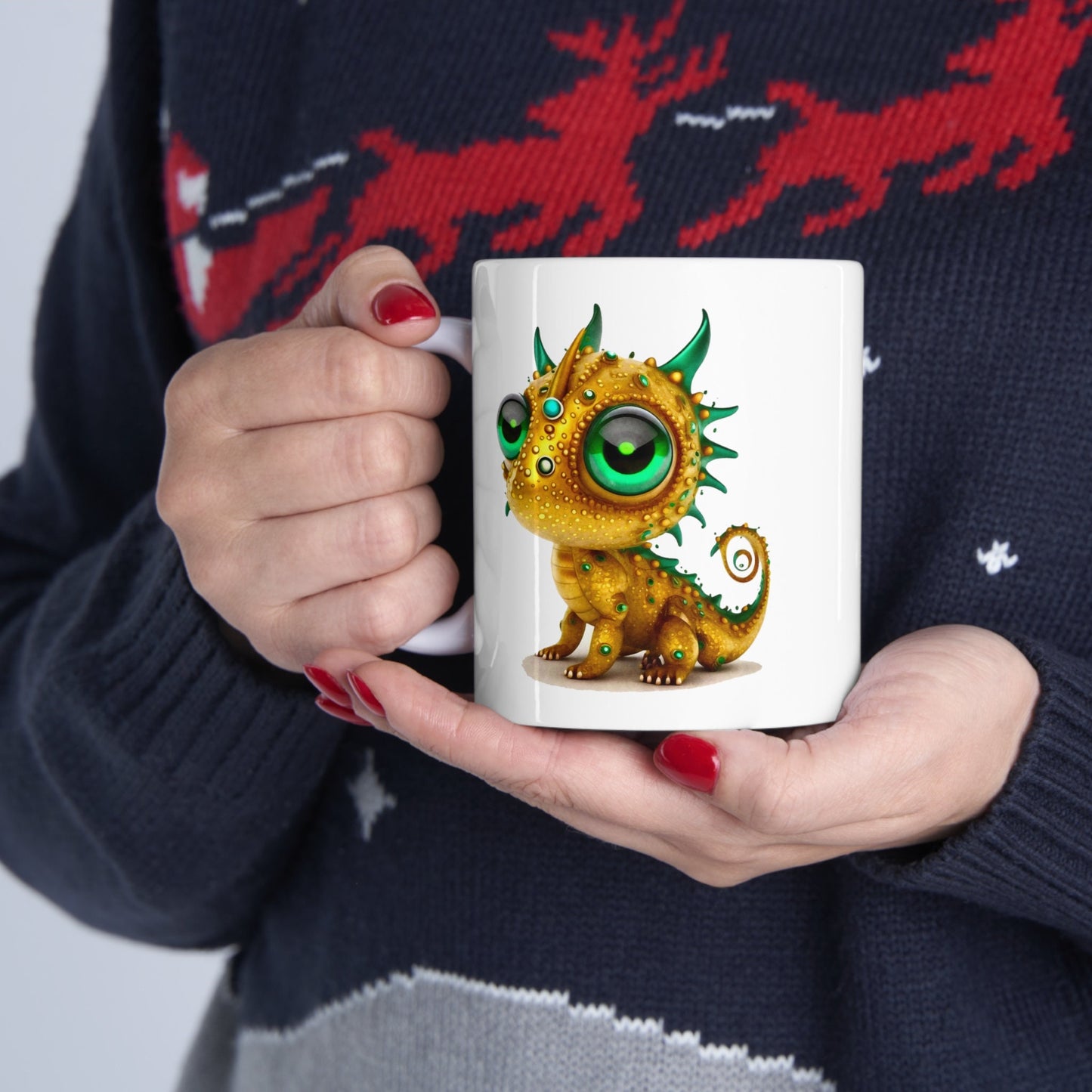 Golden Green Adorable Baby Dragon Coffee Mug, Heart of a Dragon Mug, White Ceramic Mug for Dragon Lovers, Gift Mug for your Dragon Spirit