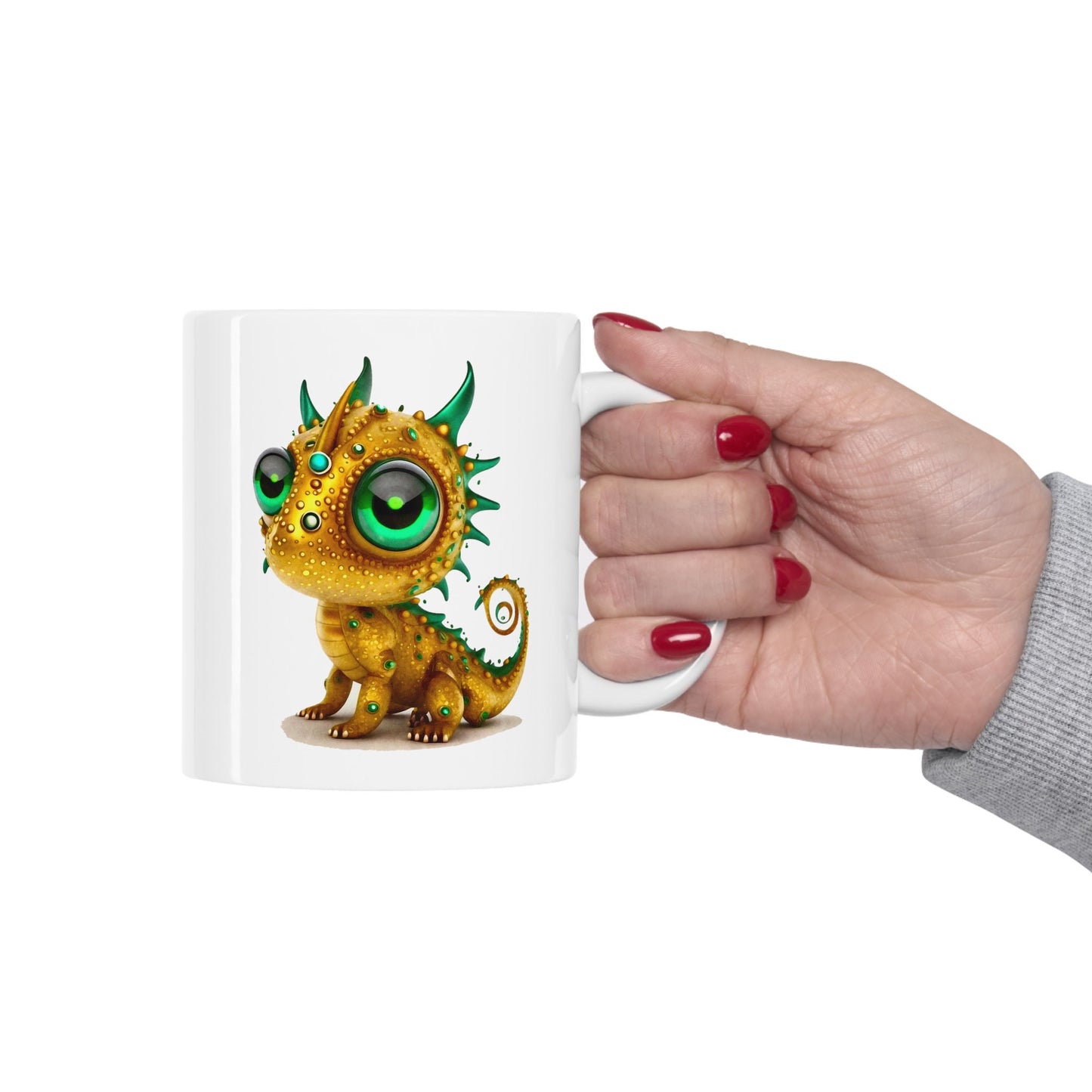 Golden Green Adorable Baby Dragon Coffee Mug, Heart of a Dragon Mug, White Ceramic Mug for Dragon Lovers, Gift Mug for your Dragon Spirit