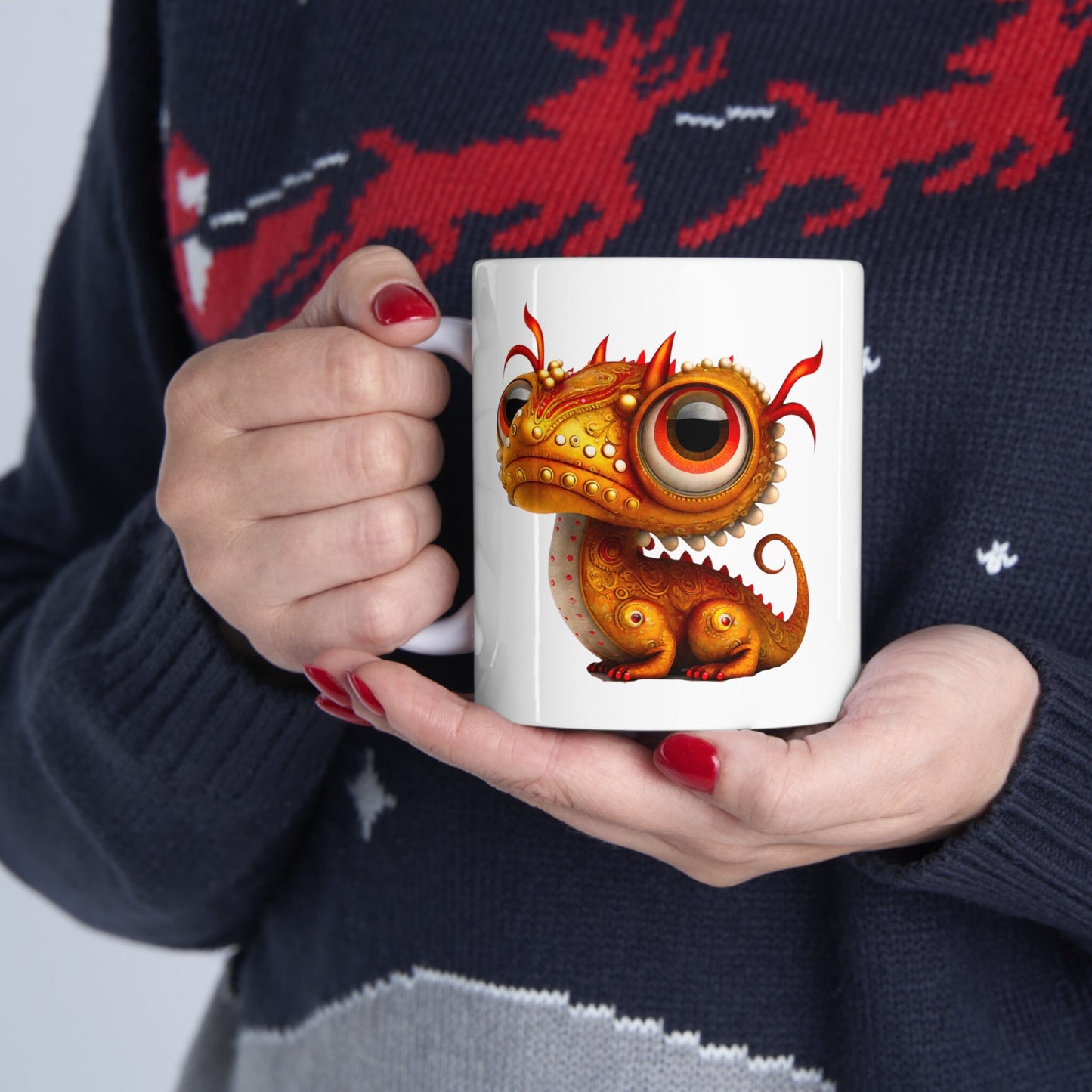 Orange Ruby red Adorable Baby Dragon Coffee Mug, Heart of a Dragon Mug, White Ceramic Mug for Dragon Lovers, Gift Mug for your Dragon Spirit